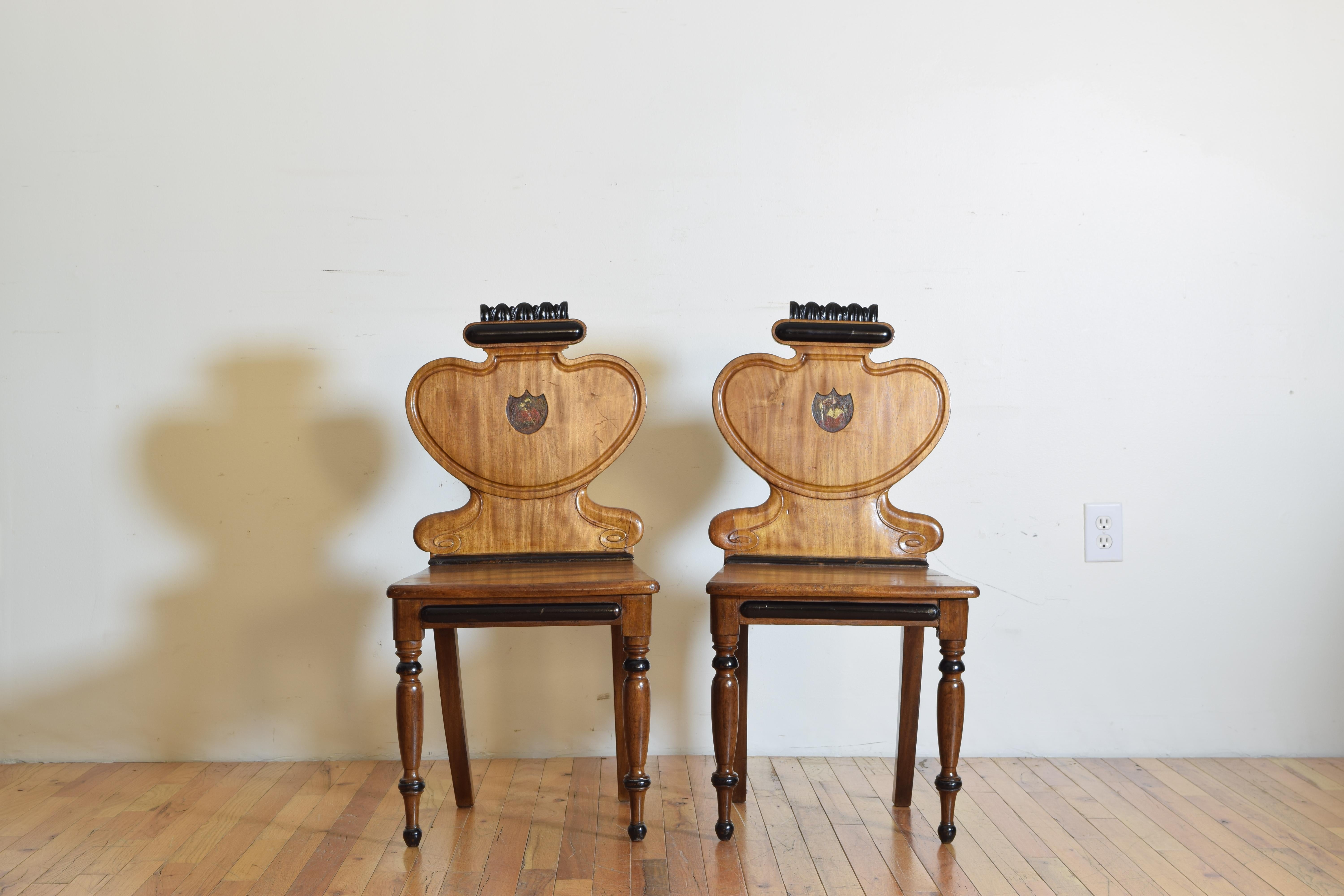 Mid-19th Century English William IV Period Pair of Walnut & Ebonized Hall Chairs, circa 1835