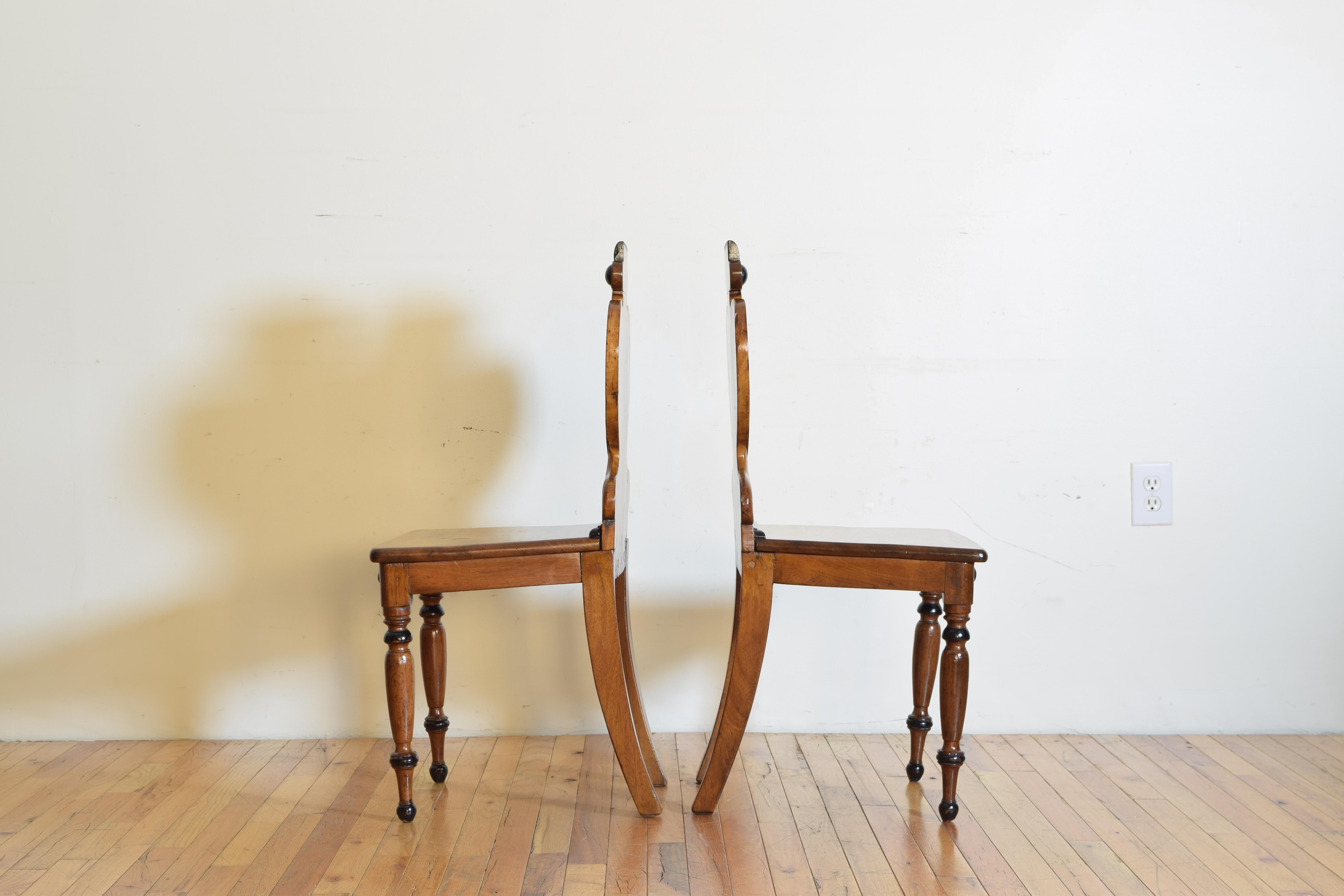 English William IV Period Pair of Walnut & Ebonized Hall Chairs, circa 1835 1