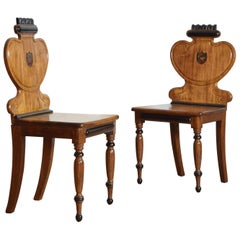 English William IV Period Pair of Walnut & Ebonized Hall Chairs, circa 1835