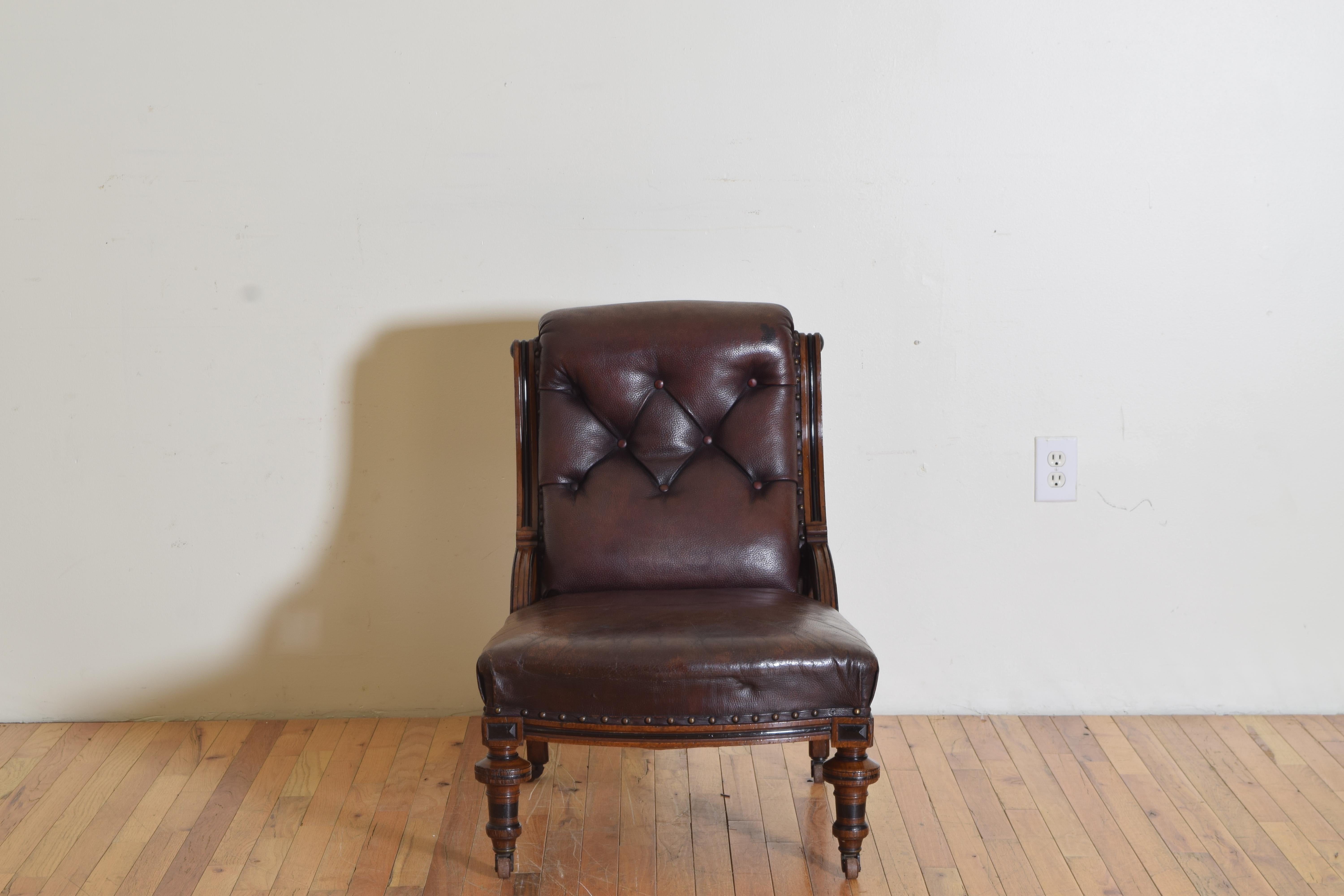 English William IV Period Parcel Ebonized Oak & Leather Library Chair, ca. 1835 In Good Condition In Atlanta, GA