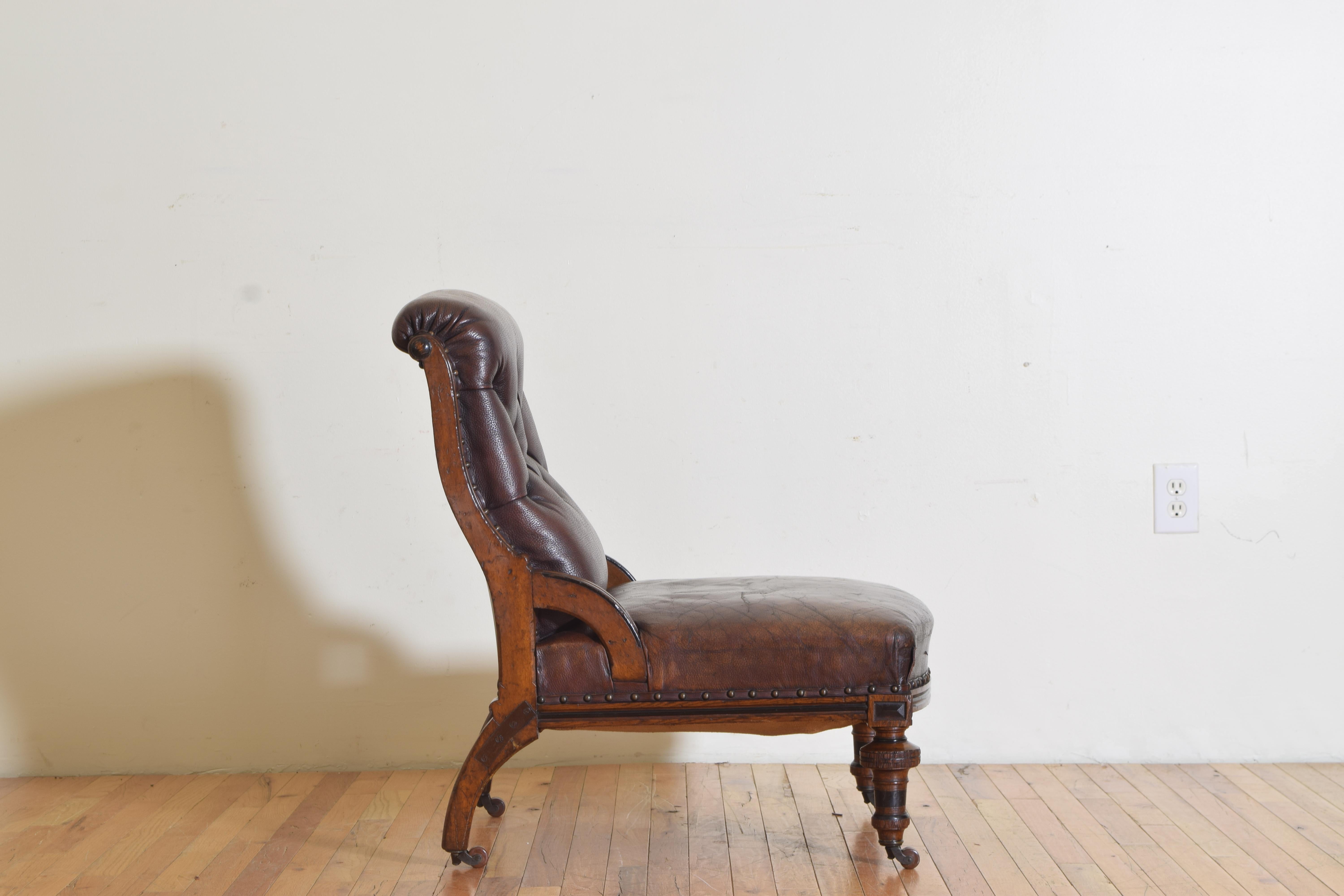 Mid-19th Century English William IV Period Parcel Ebonized Oak & Leather Library Chair, ca. 1835