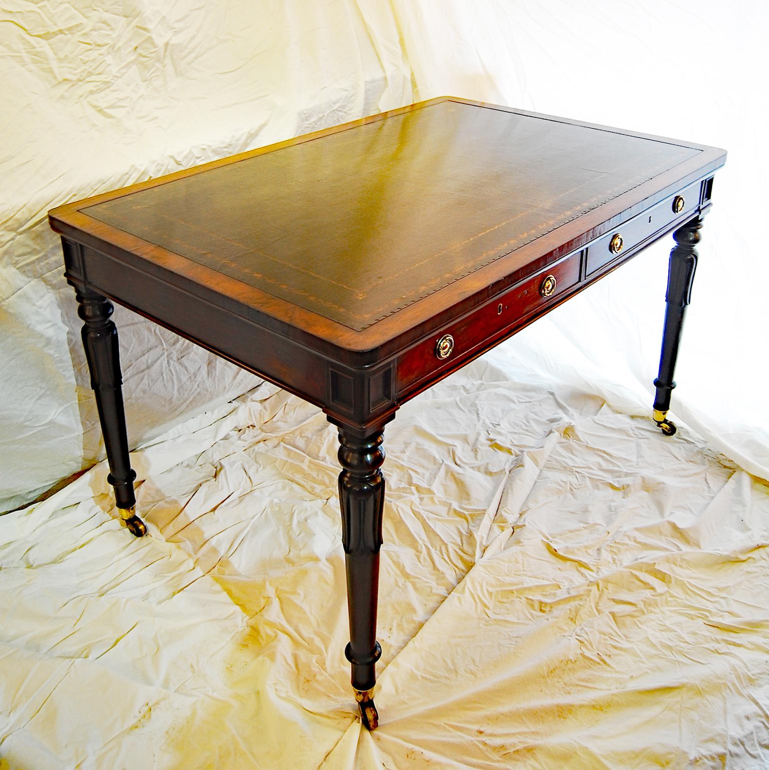 English William IV Rosewood Two Drawer Writing Table Carved Turned Legs   In Good Condition For Sale In Wells, ME