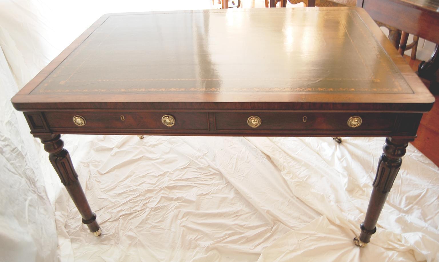 19th Century English William IV Rosewood Two Drawer Writing Table Carved Turned Legs   For Sale