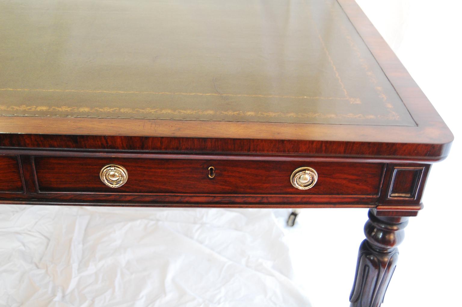 Brass English William IV Rosewood Two Drawer Writing Table Carved Turned Legs   For Sale