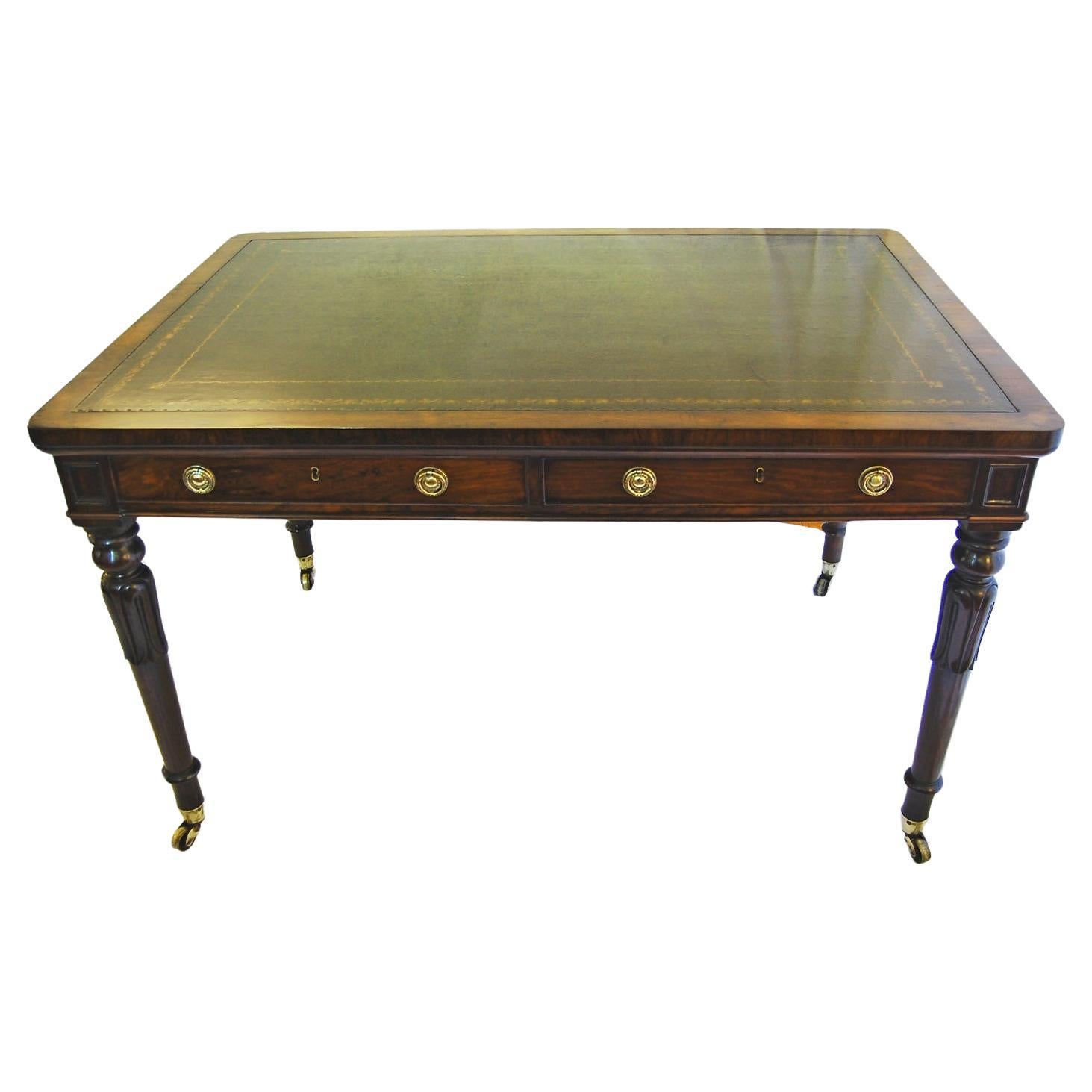 English William IV Rosewood Two Drawer Writing Table Carved Turned Legs   For Sale