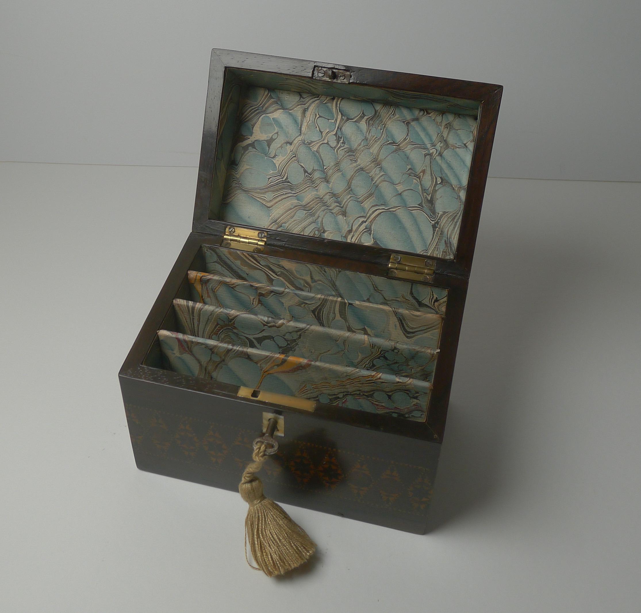 Mid-19th Century English William IV Stickware Tunbridge & Rosewood Stationery Box c.1835 For Sale