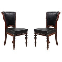 English William IV Style Walnut and Black Leather Dining Chairs