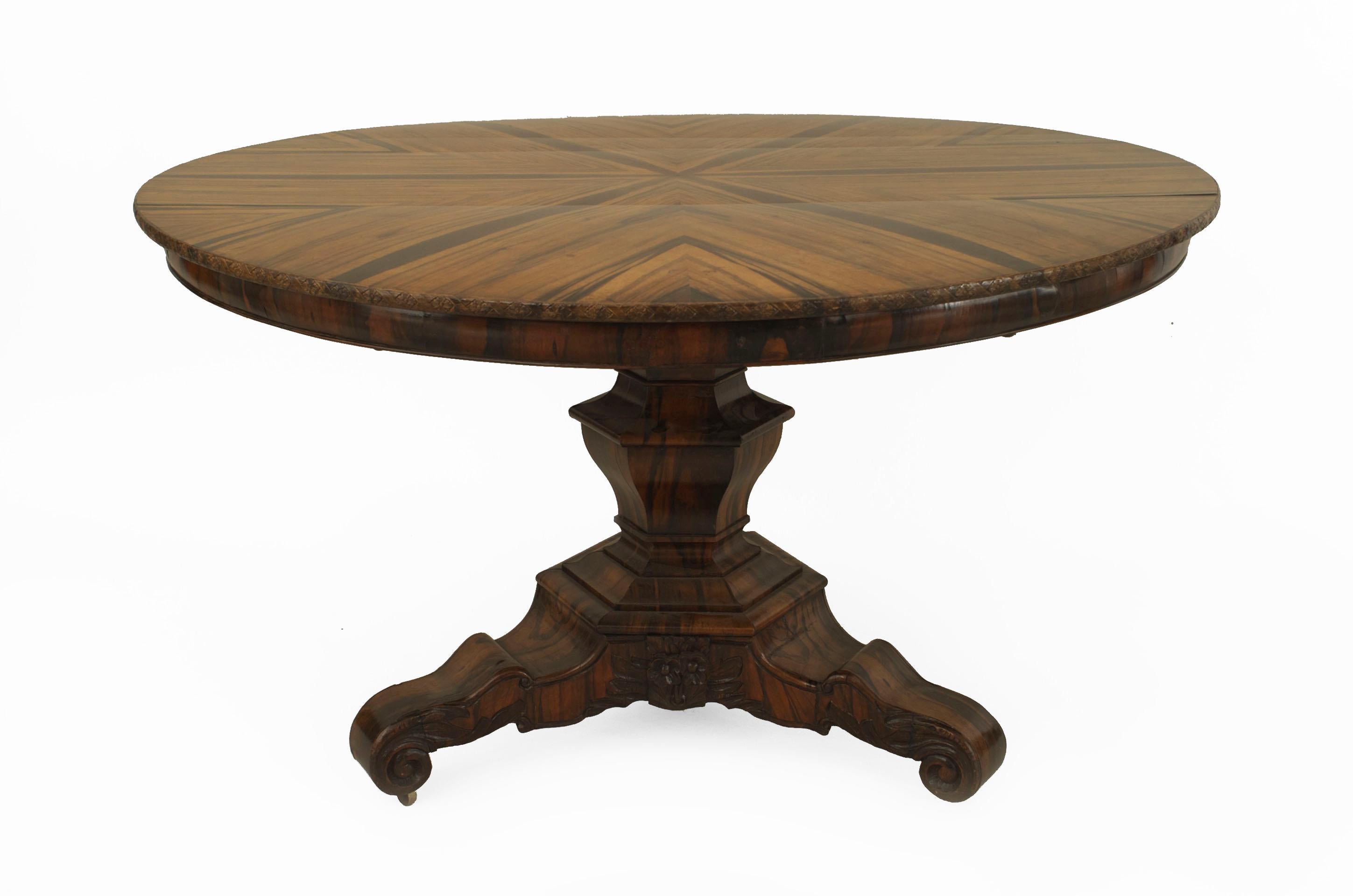 English William IV (possibly Anglo-Indian, circa 1835) zebra wood center table with a book matched & radially veneered top over shaped 6 sided pedestal and triangular platform base.