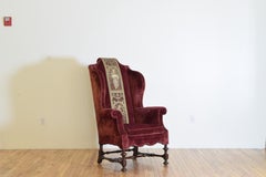 English William & Mary Style Mahogany & Upholstered Wing Chair, ca. 1900