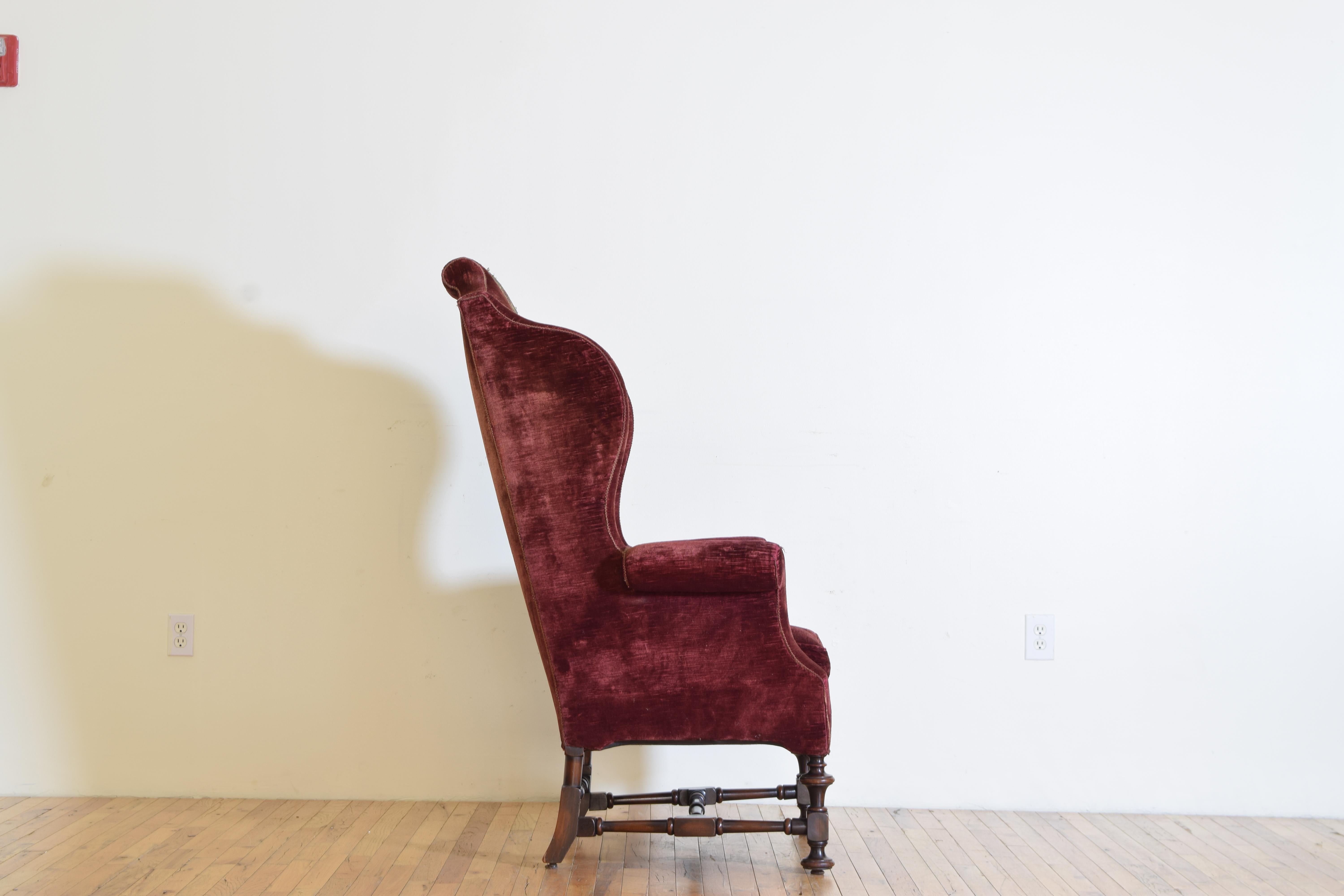 English William & Mary Style Mahogany & Upholstered Wing Chair, ca. 1900 In Good Condition In Atlanta, GA
