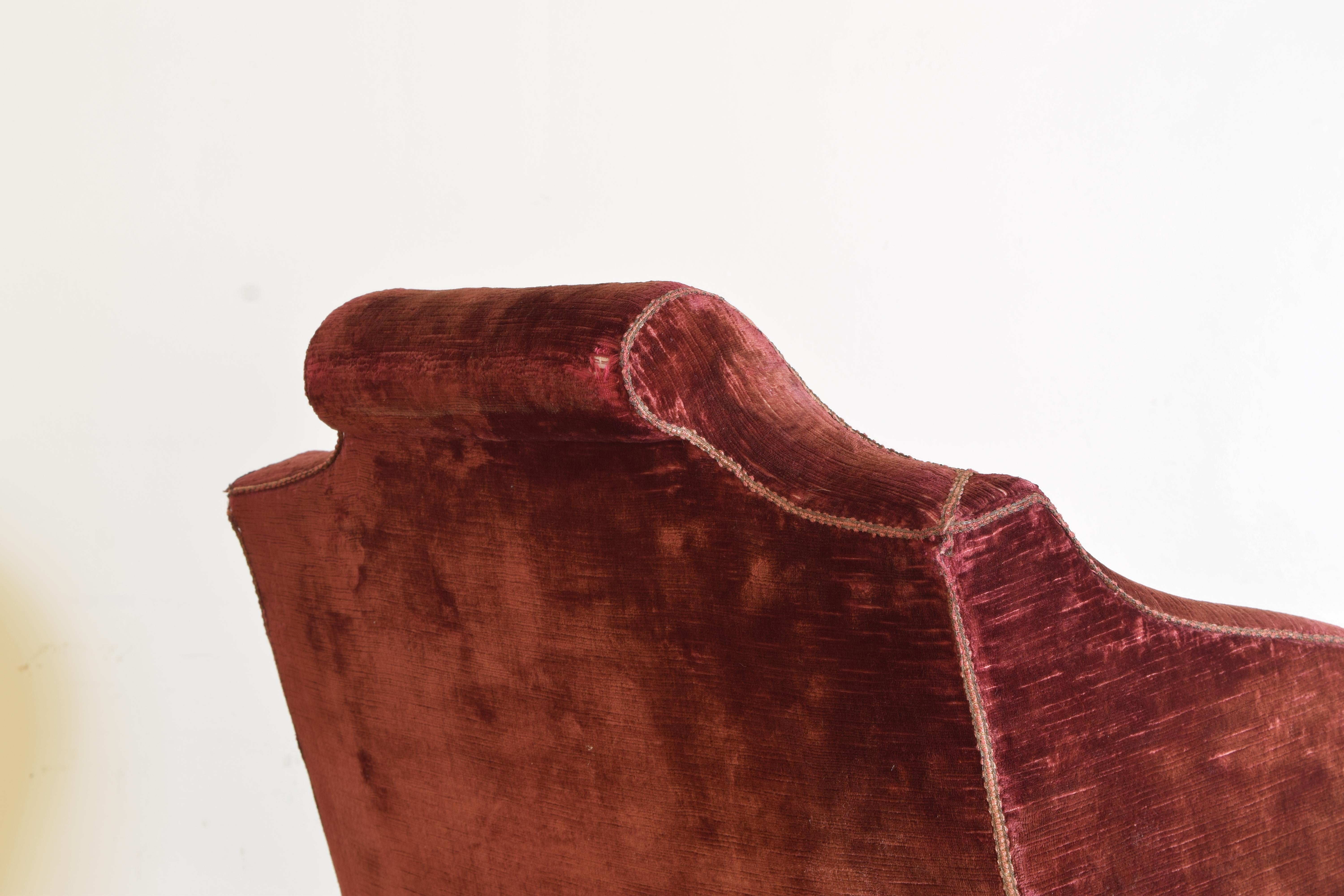 Velvet English William & Mary Style Mahogany & Upholstered Wing Chair, ca. 1900