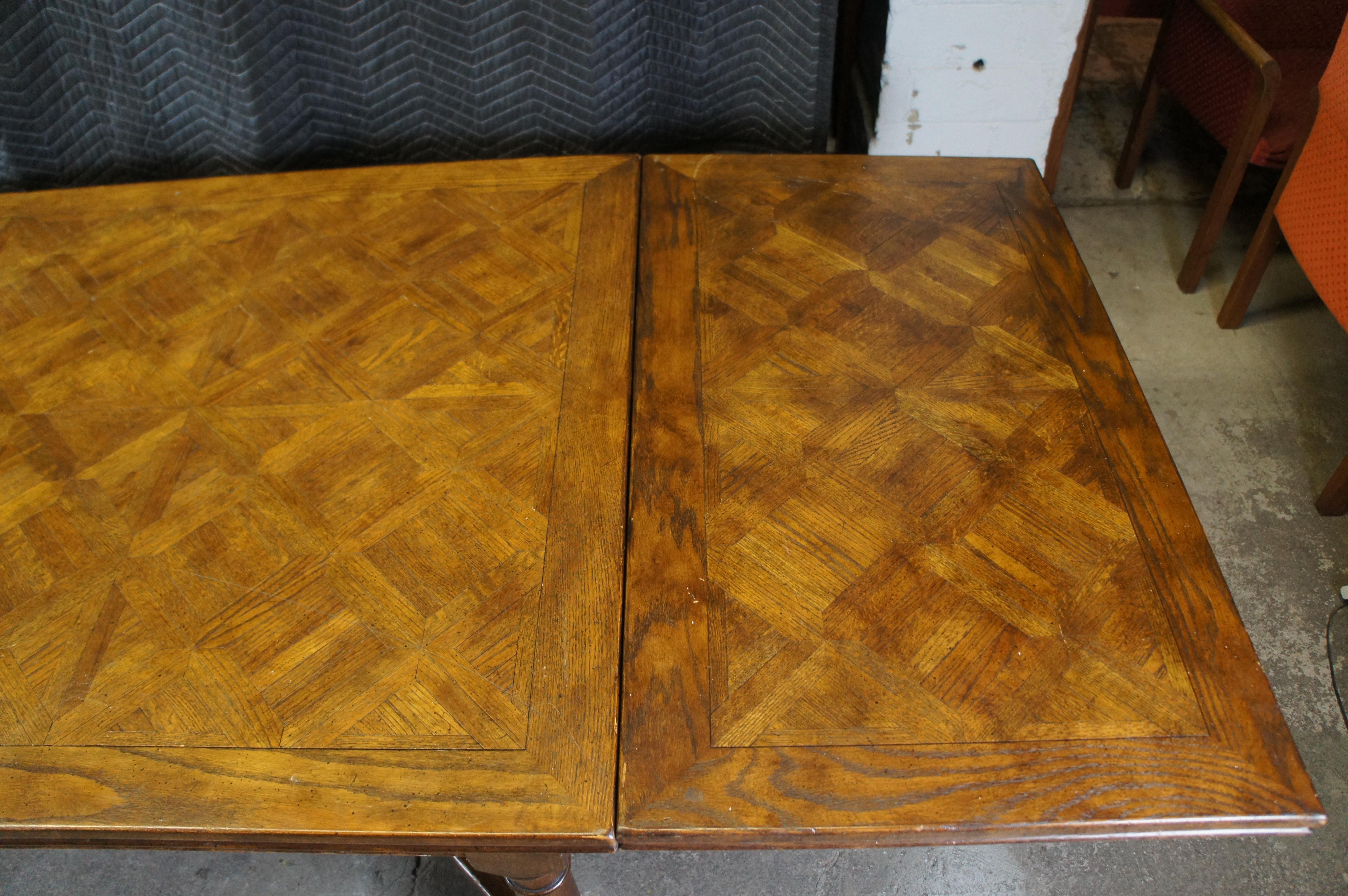 Mid-20th Century English William & Mary Style Parquetry Oak Refectory Draw Leaf Dining Table 11' For Sale