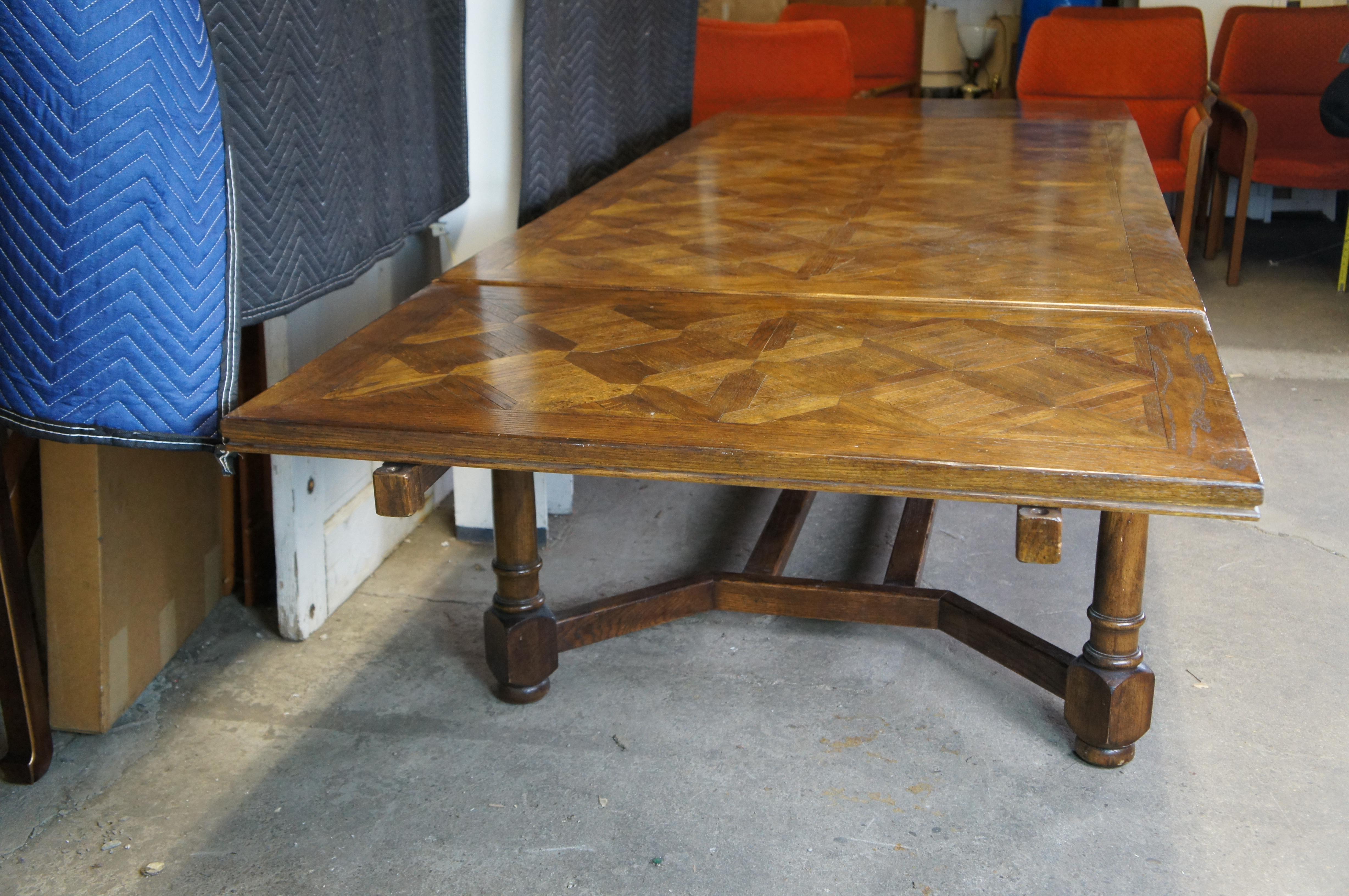 English William & Mary Style Parquetry Oak Refectory Draw Leaf Dining Table 11' For Sale 3