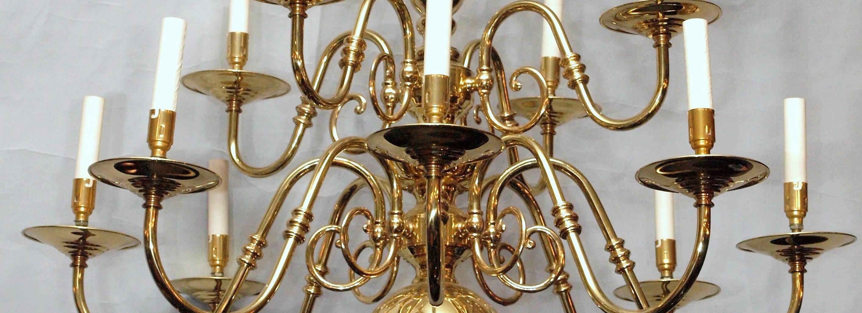 English Williamsburg style twelve-light brass chandelier.