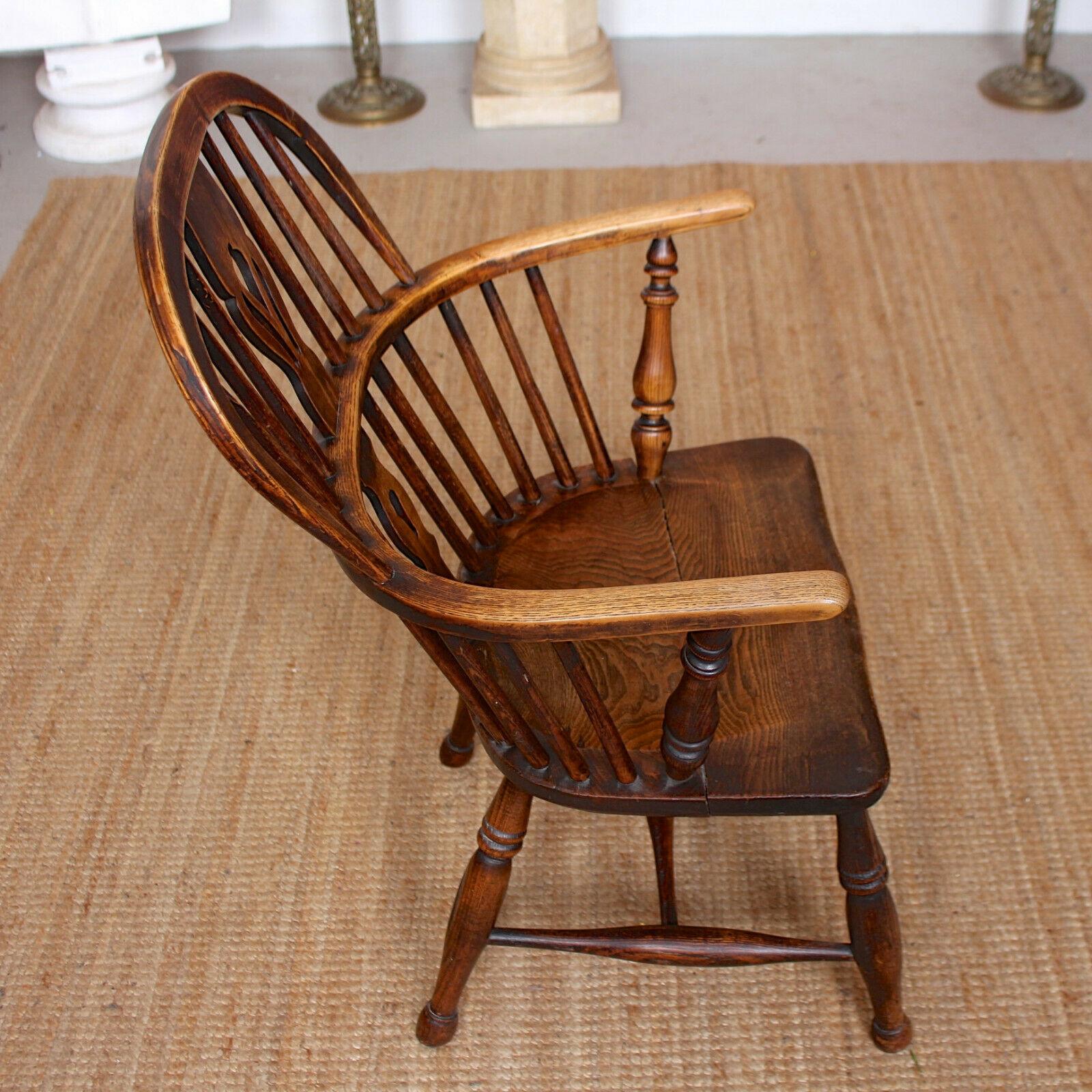 English Windsor Armchair Desk Chair Carved Elm Ash Stickback For Sale 6