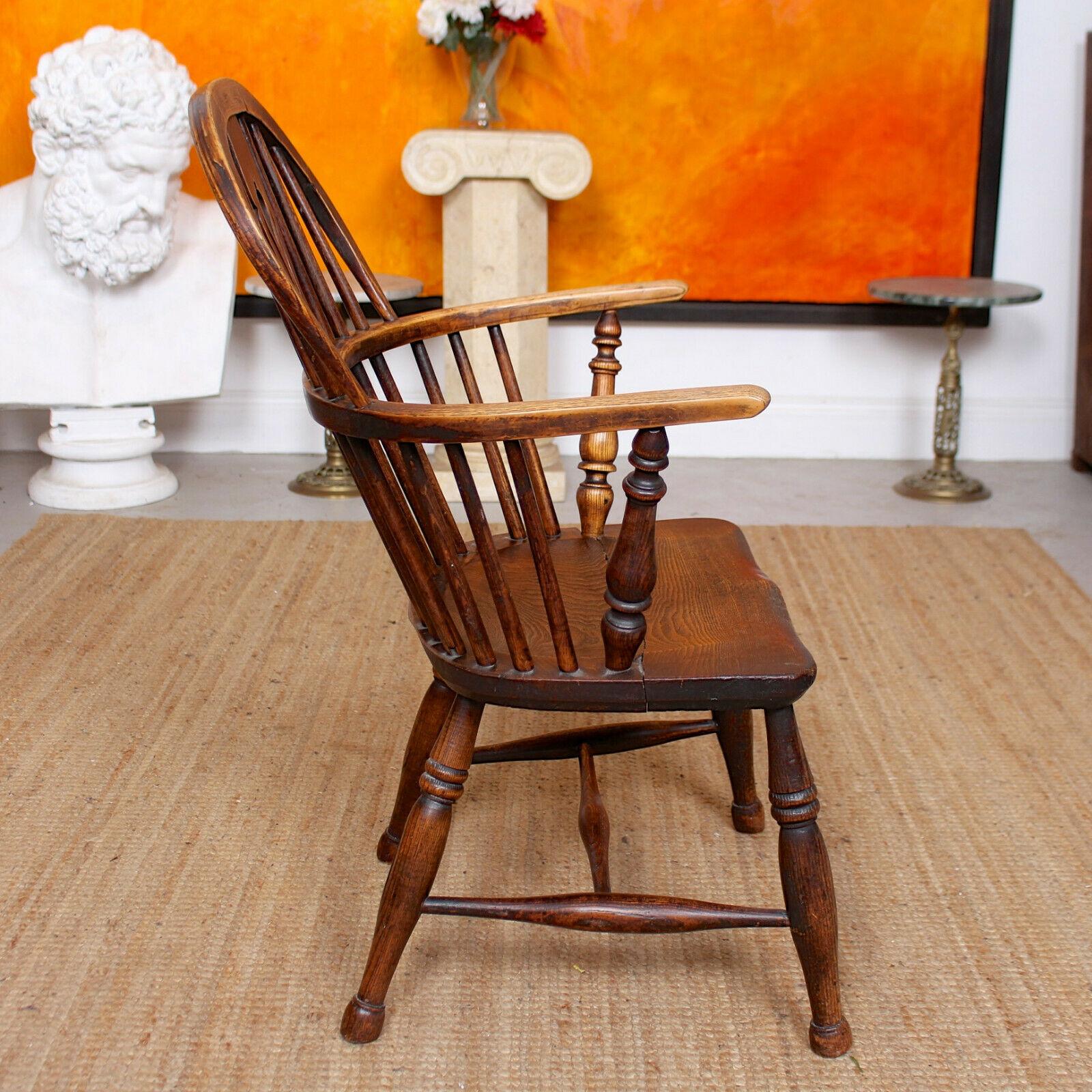 English Windsor Armchair Desk Chair Carved Elm Ash Stickback For Sale 7