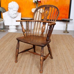 English Windsor Armchair Desk Chair Carved Elm Ash Stickback
