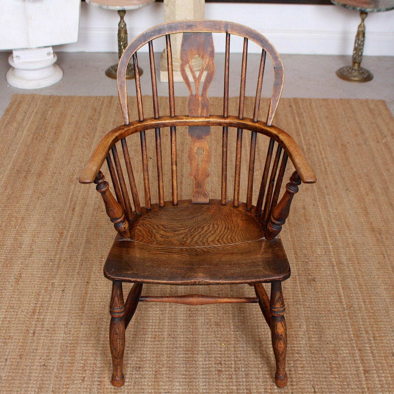 English Windsor Armchair Desk Chair Carved Elm Ash Stickback For Sale 1
