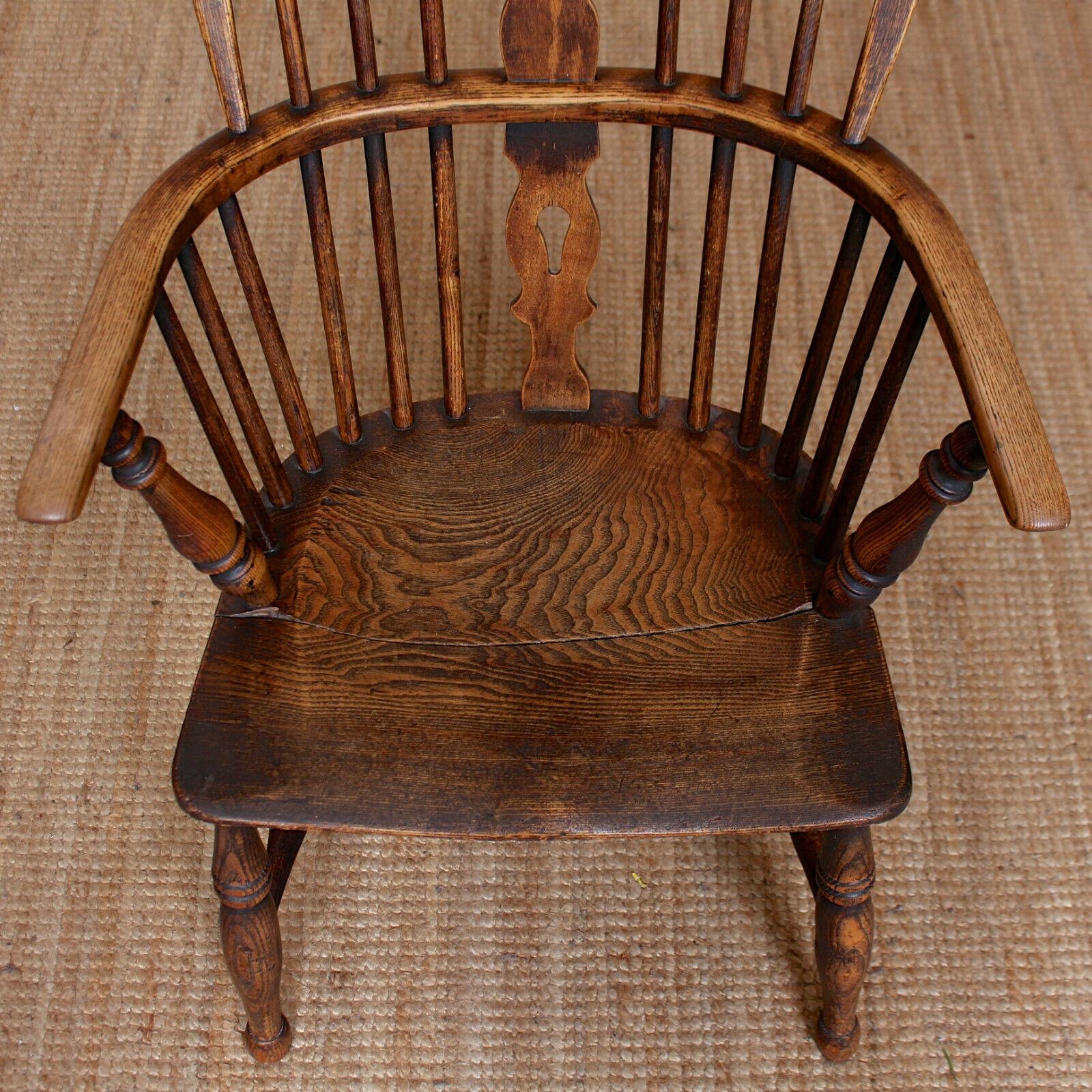 English Windsor Armchair Desk Chair Carved Elm Ash Stickback For Sale 2
