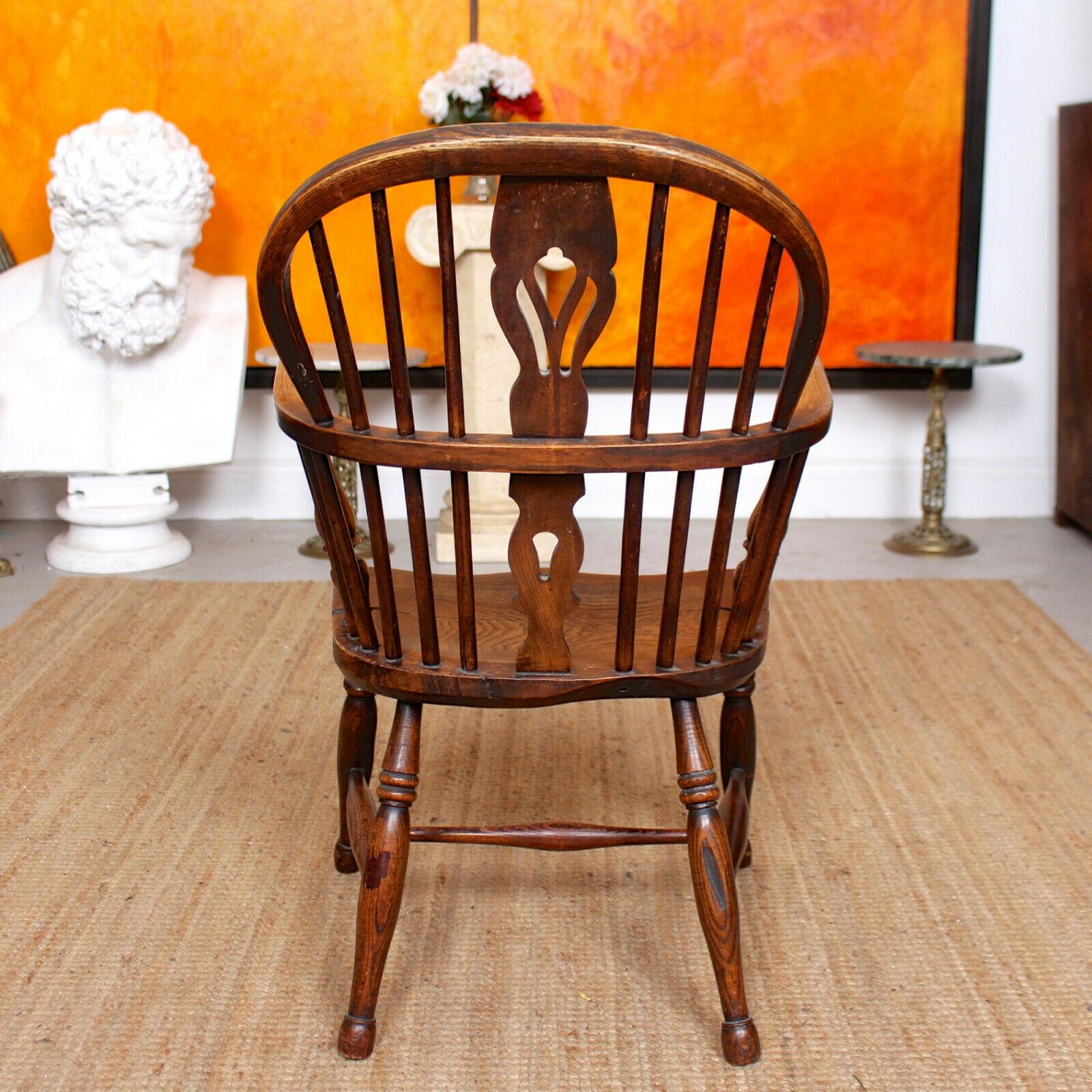 English Windsor Armchair Desk Chair Carved Elm Ash Stickback For Sale 4