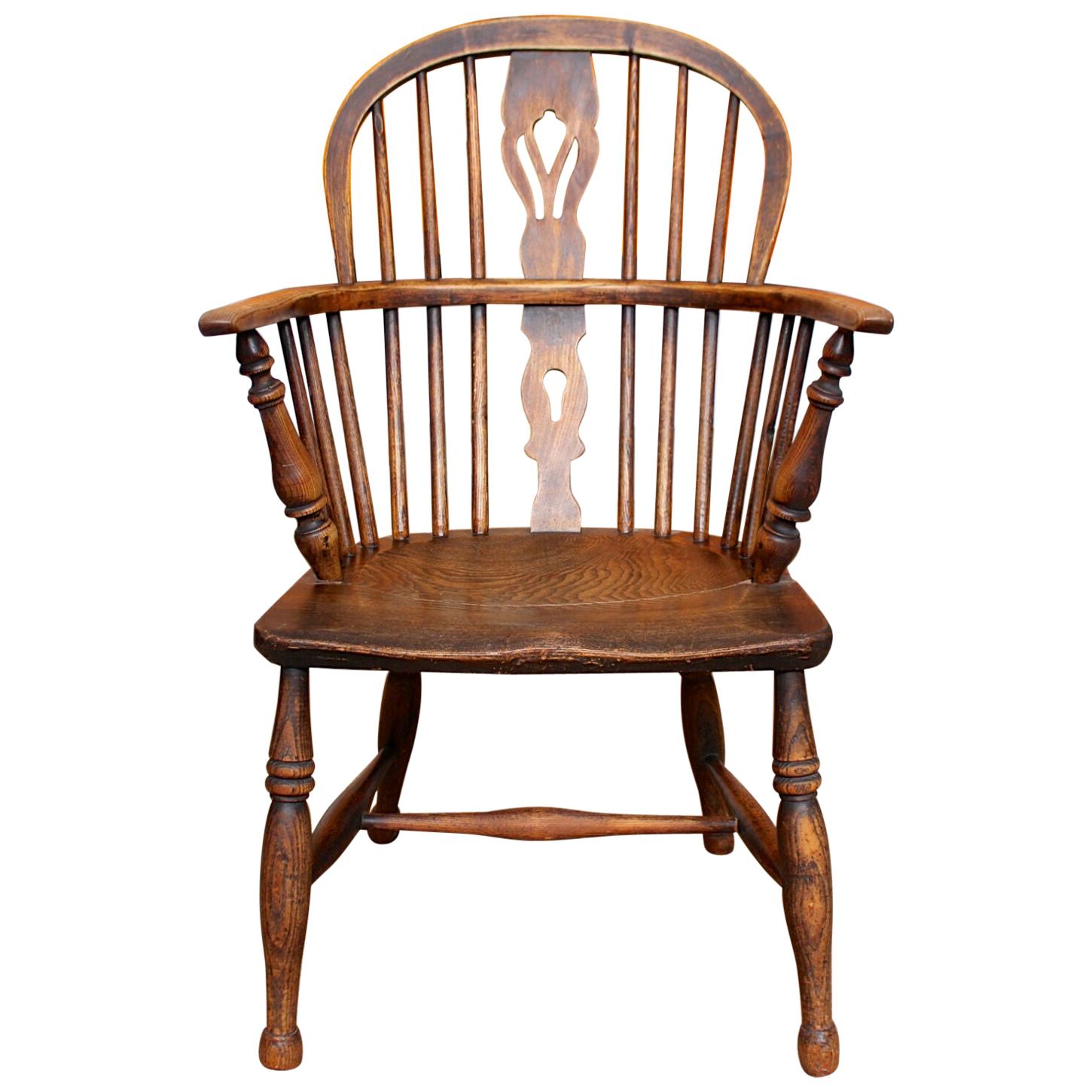 English Windsor Armchair Desk Chair Carved Elm Ash Stickback For Sale