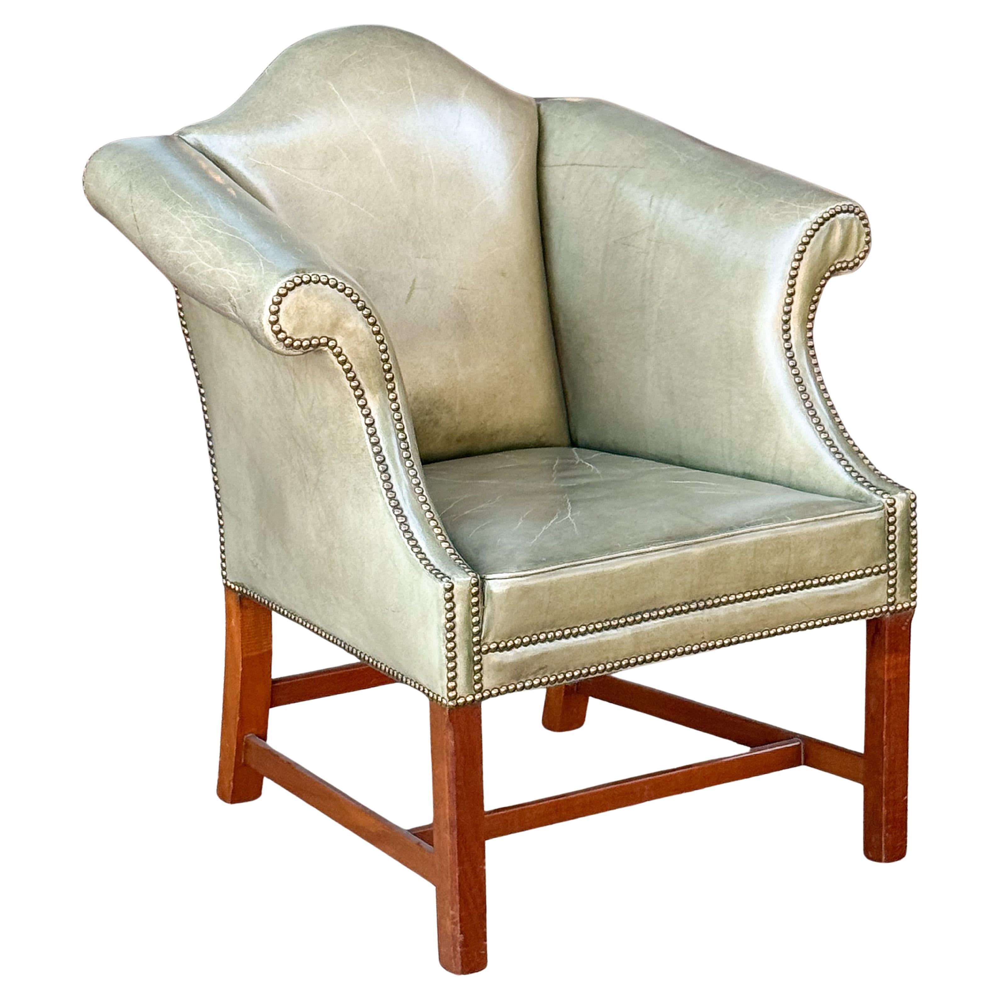 English Wing Back Chair of Upholstered Leather and Walnut For Sale