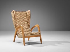 Wingback Armchair in Beige Floral Upholstery