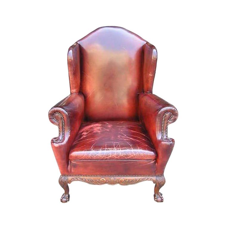 English Mahogany Leather Wing Back Chair With Acanthus Ball & Claw Feet. C .1840