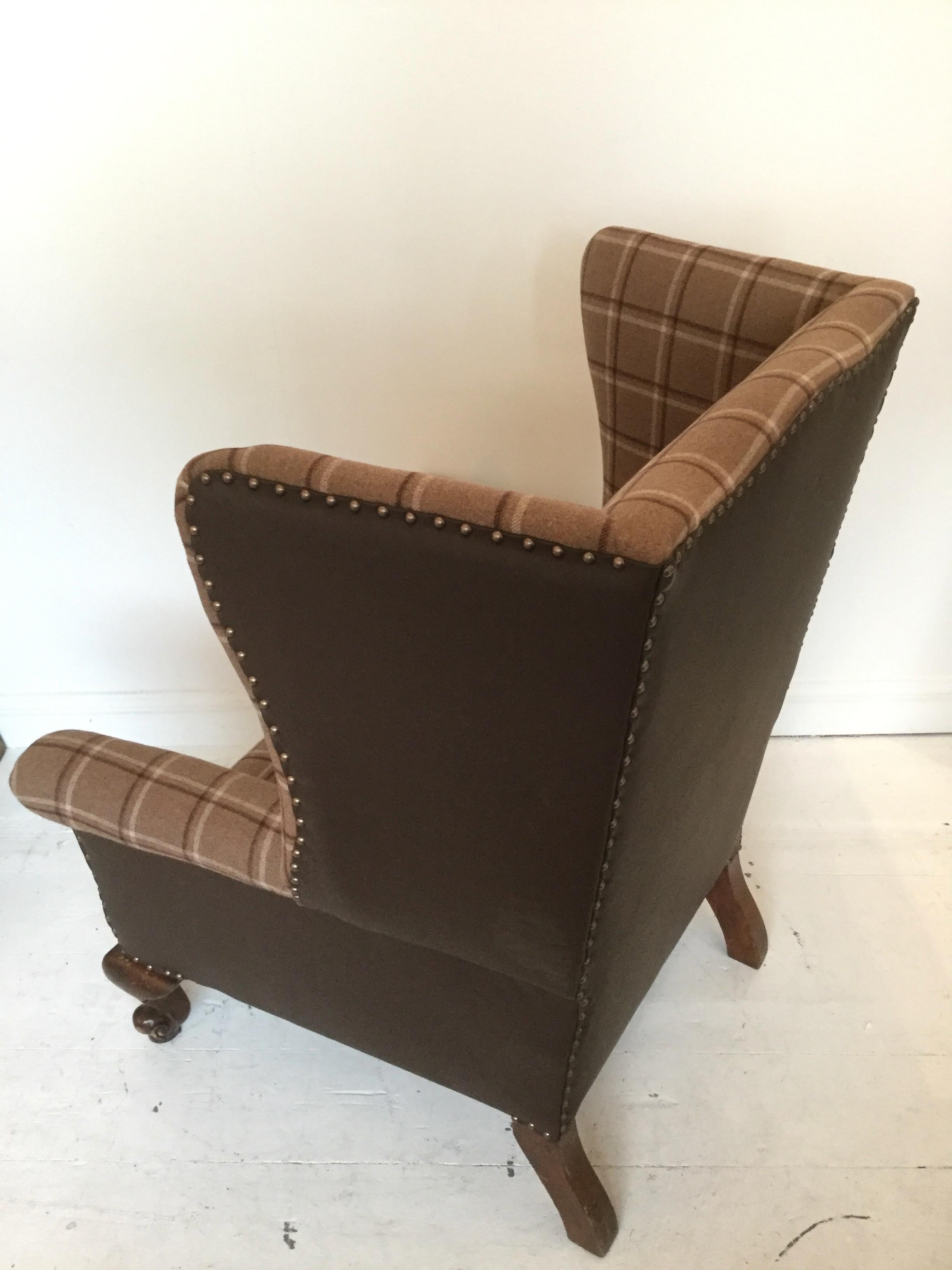 Edwardian English Wingback or Library Leather and Plaid Armchair