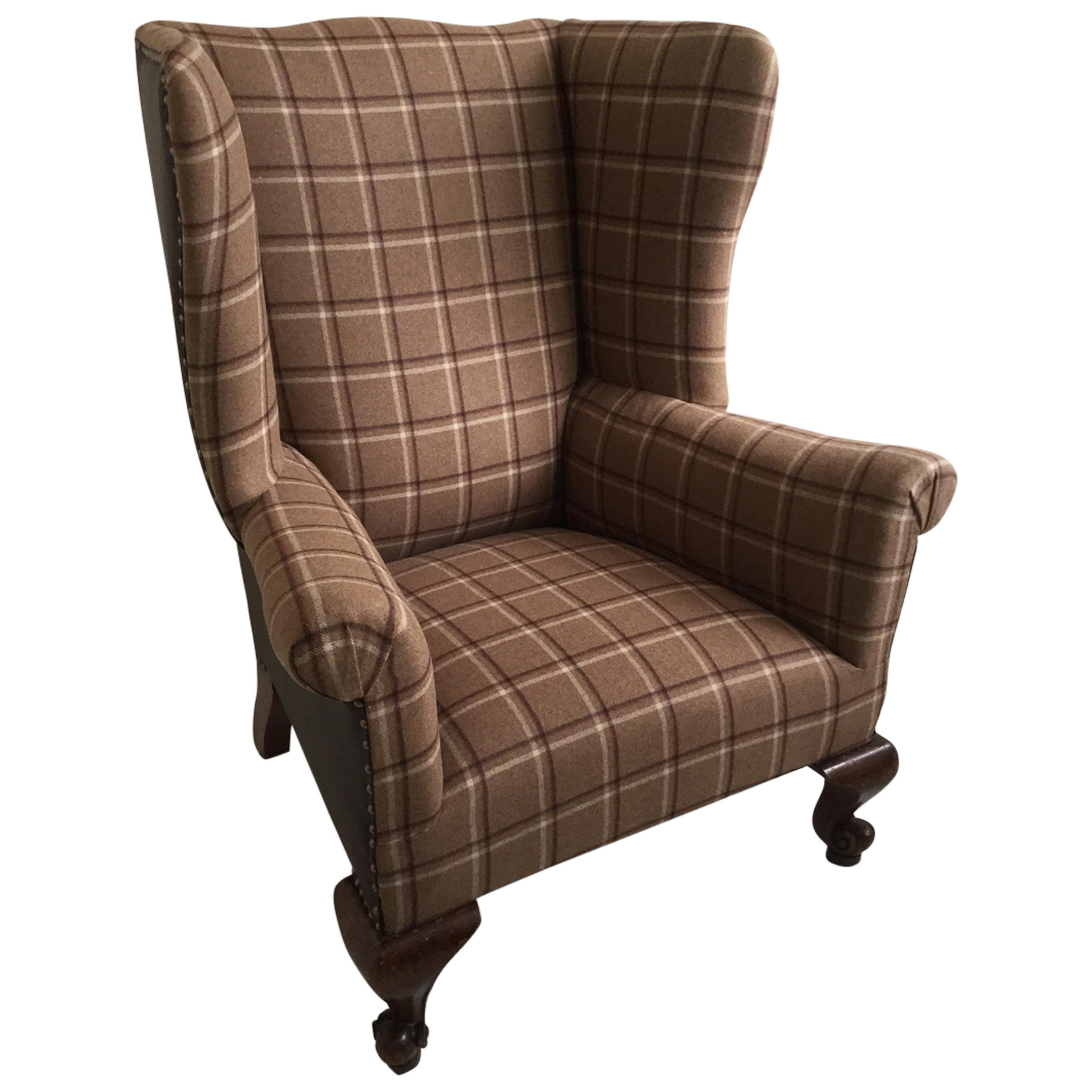 English Wingback or Library Leather and Plaid Armchair
