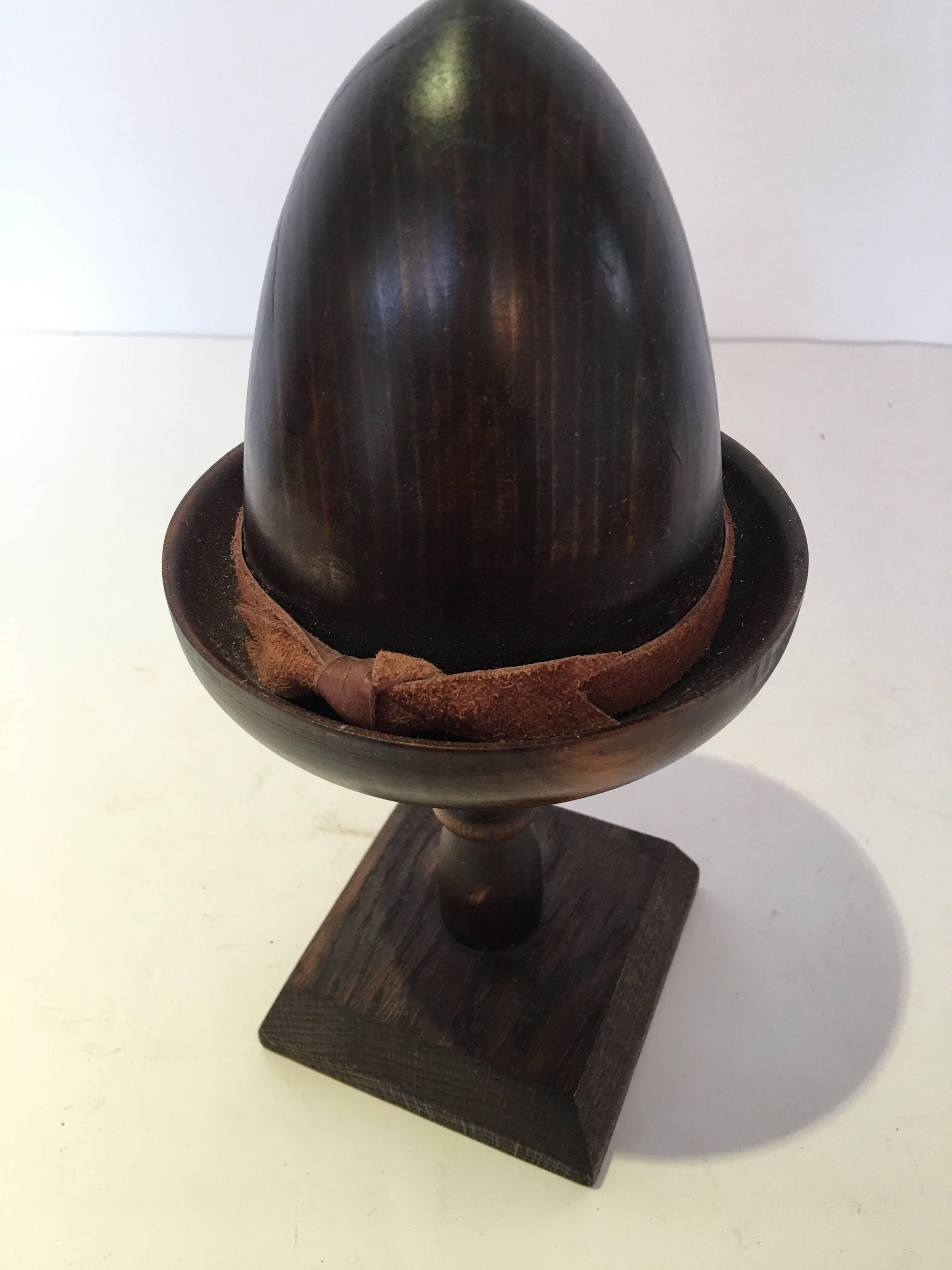 Exquisite English wood doll hat form mold on wood stand,
circa 1920s-1940s #6/ #3428
Brown suede brim detail.