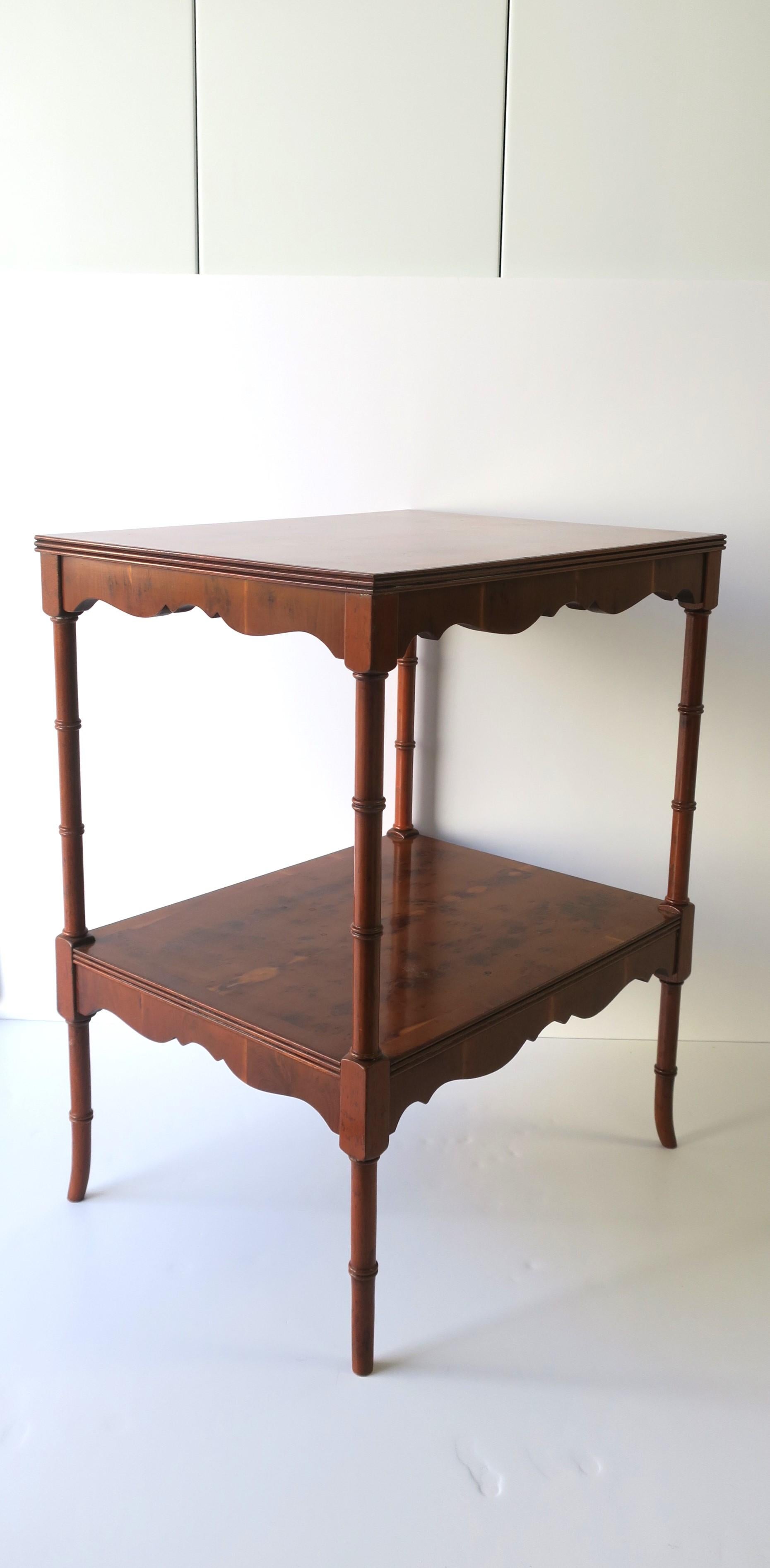 20th Century English Birdseye Maple Wood Side or End Table with Shelf and Bamboo-Esque Legs For Sale