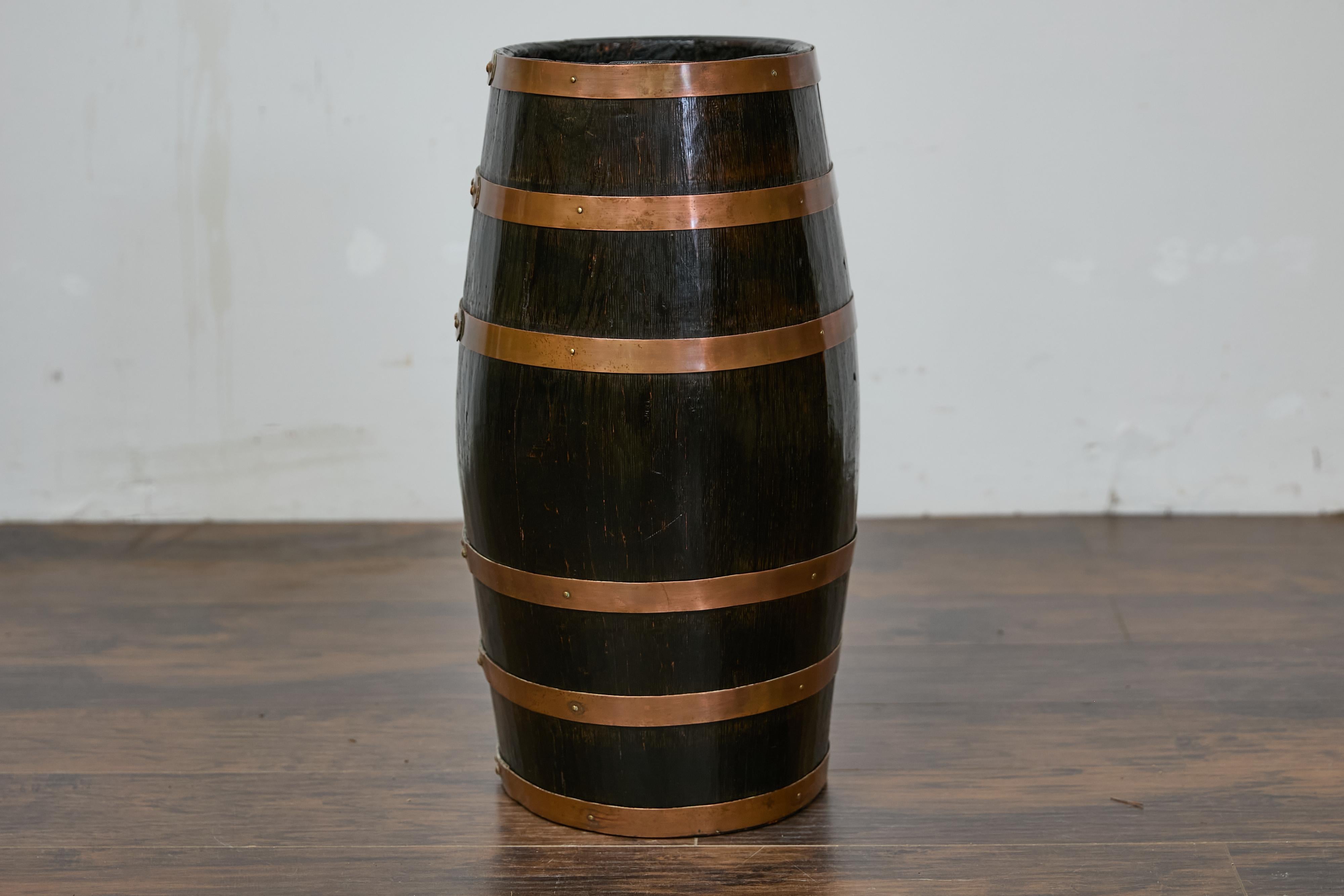 English Wooden Barrel, Copper Braces, Royal Coat of Arms Transfer, Circa 1900 For Sale 5
