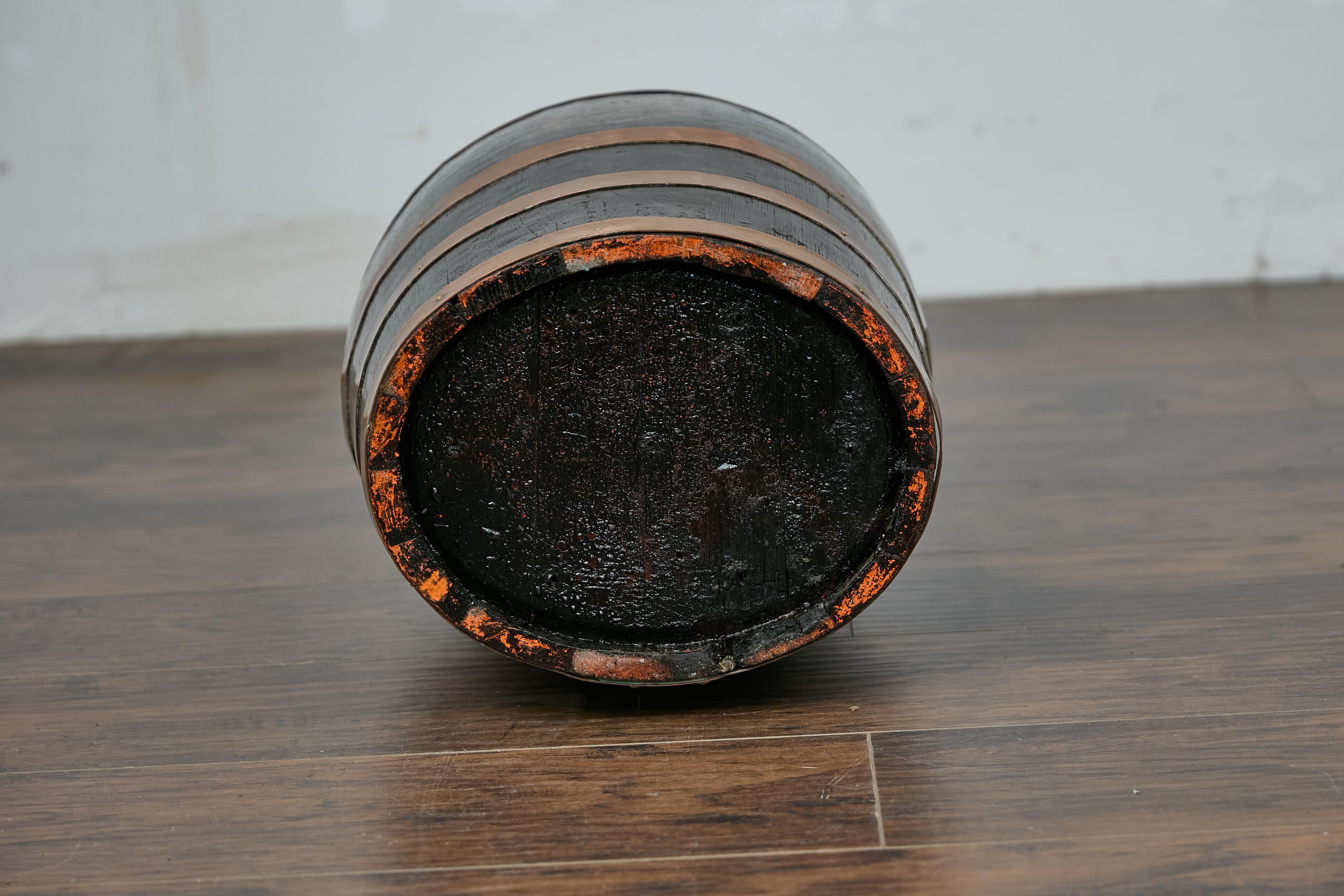 English Wooden Barrel, Copper Braces, Royal Coat of Arms Transfer, Circa 1900 For Sale 6