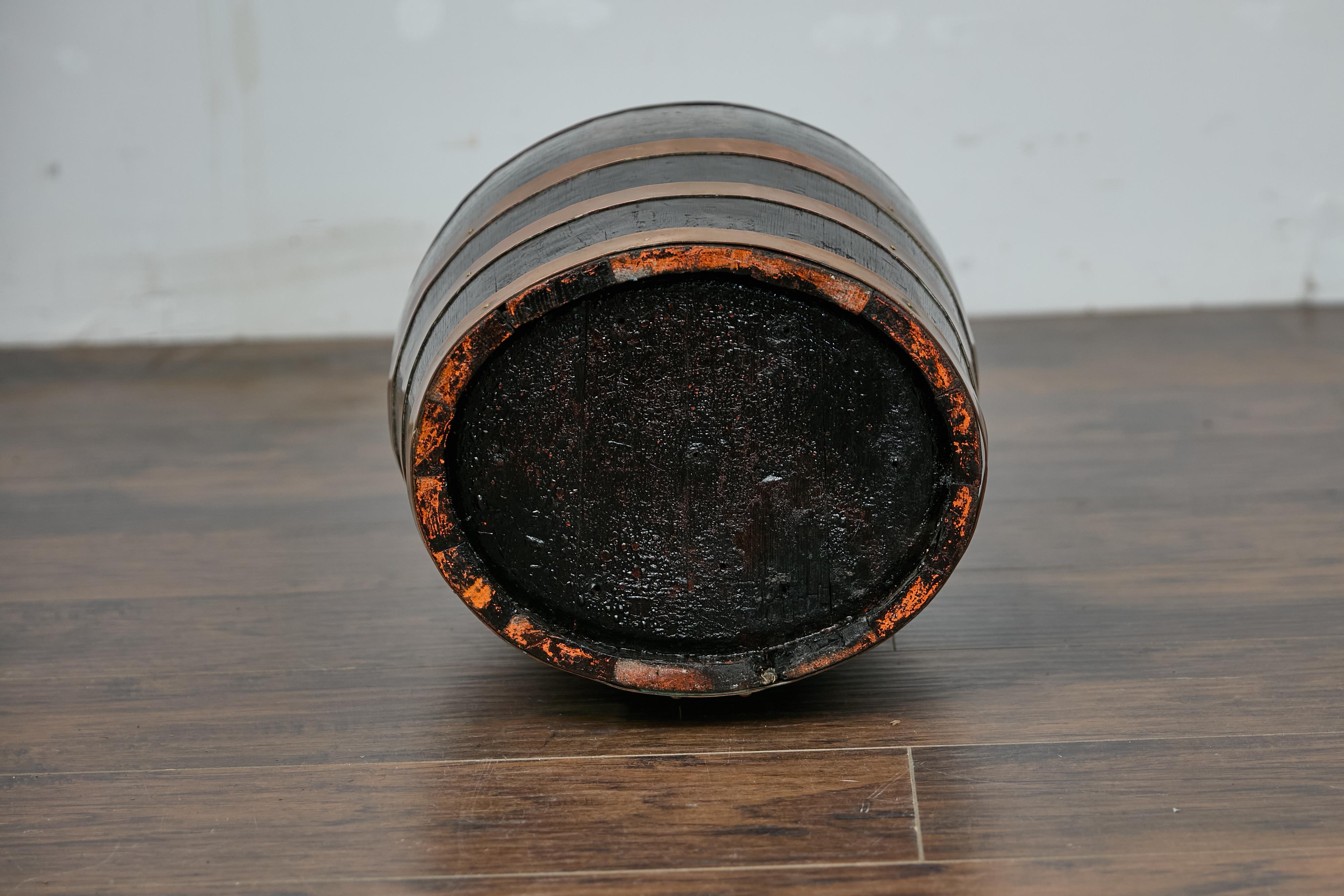 English Wooden Barrel, Copper Braces, Royal Coat of Arms Transfer, Circa 1900 For Sale 7