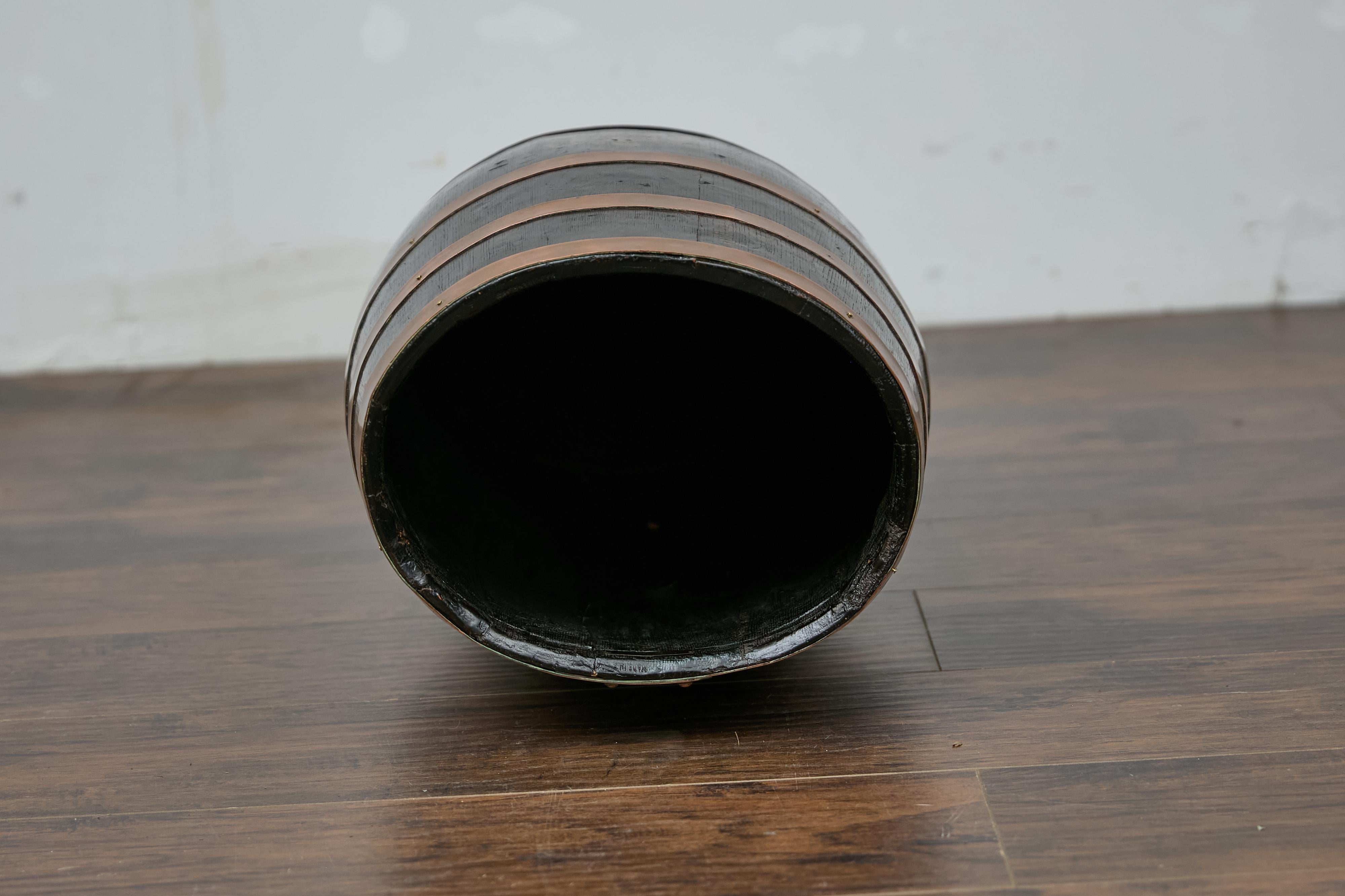 English Wooden Barrel, Copper Braces, Royal Coat of Arms Transfer, Circa 1900 For Sale 8