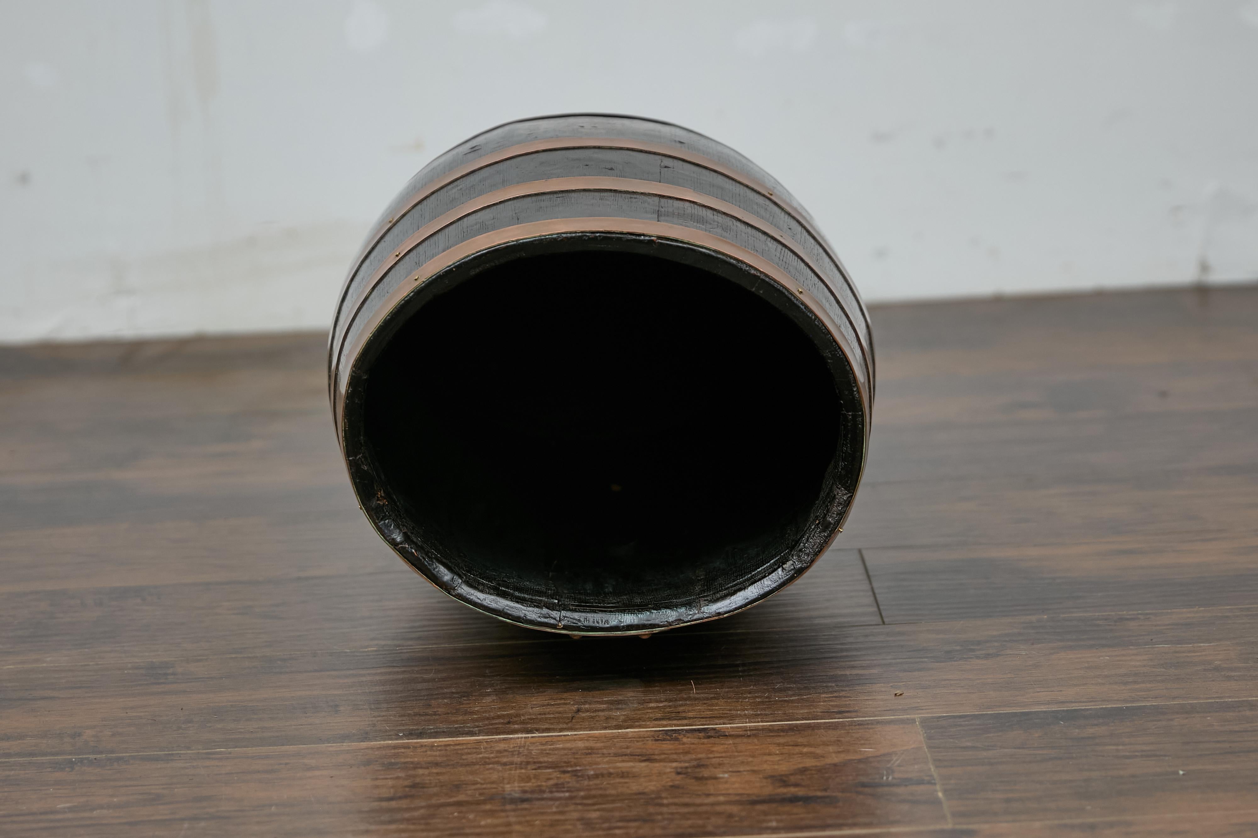 English Wooden Barrel, Copper Braces, Royal Coat of Arms Transfer, Circa 1900 For Sale 9