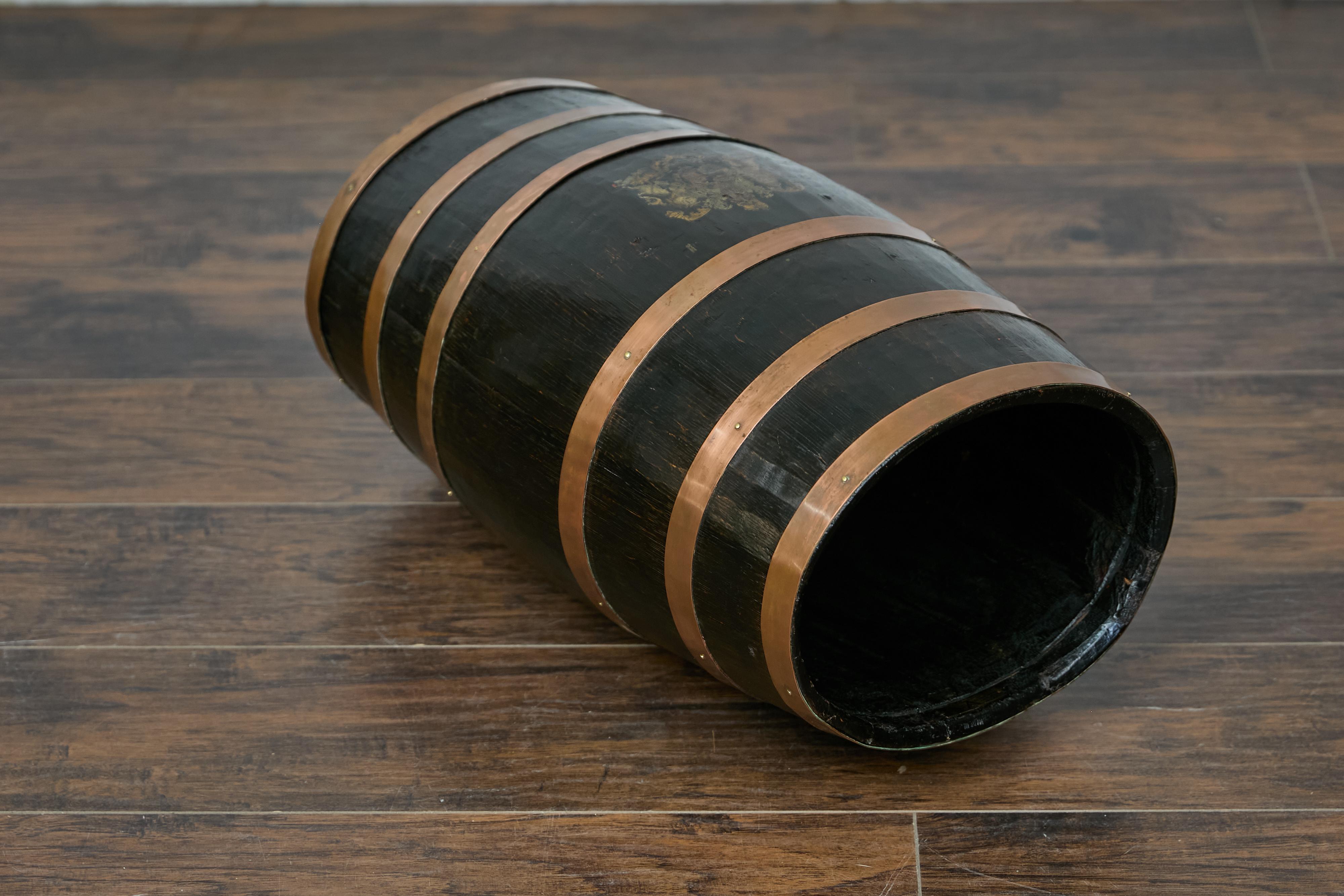 English Wooden Barrel, Copper Braces, Royal Coat of Arms Transfer, Circa 1900 For Sale 10
