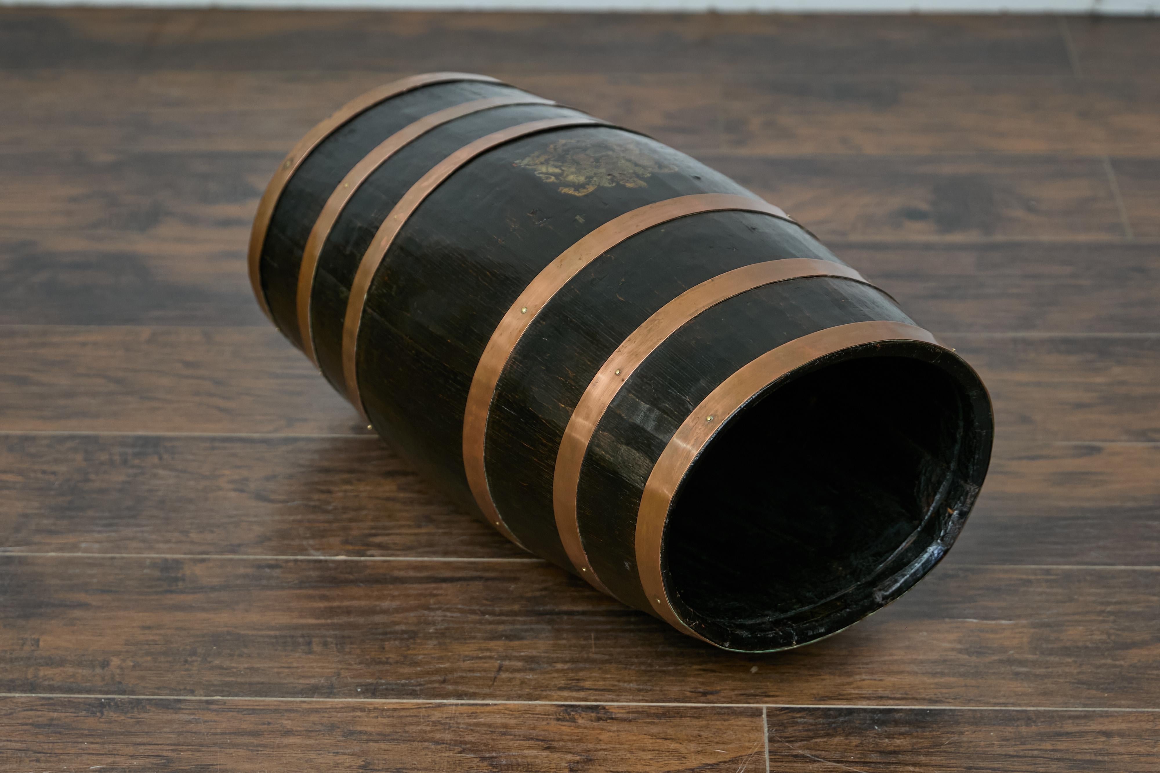 English Wooden Barrel, Copper Braces, Royal Coat of Arms Transfer, Circa 1900 For Sale 11