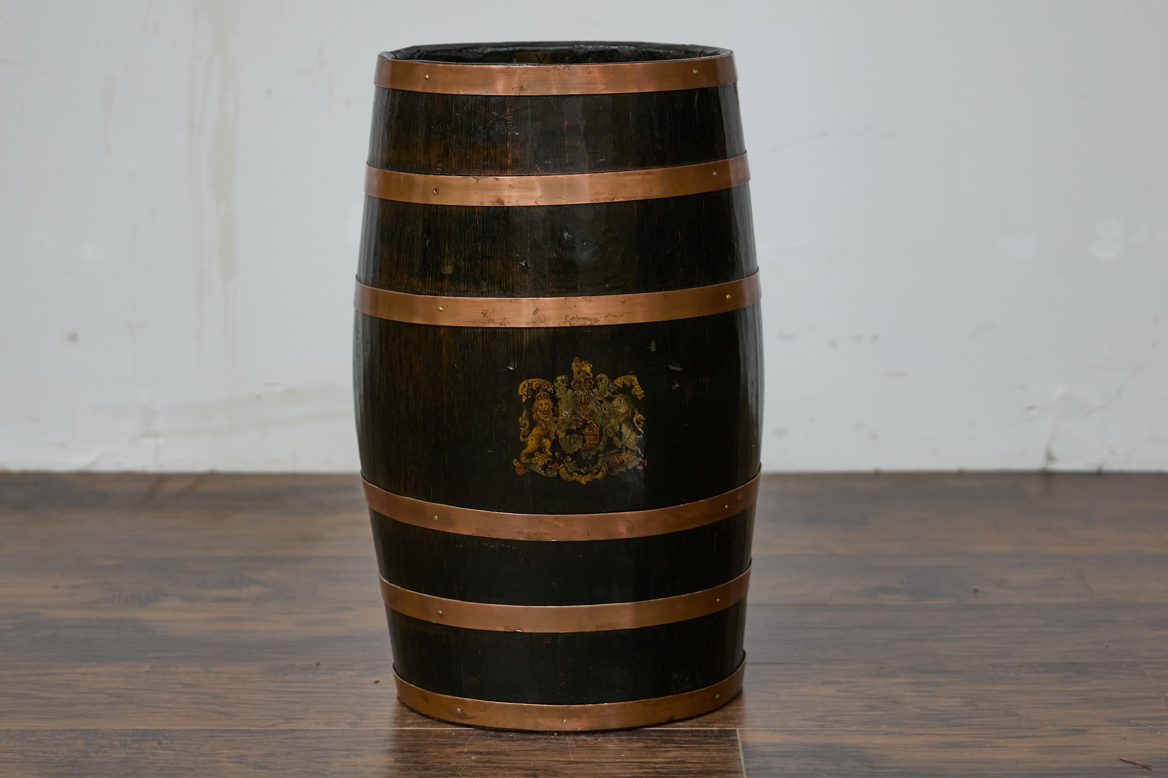 English Wooden Barrel, Copper Braces, Royal Coat of Arms Transfer, Circa 1900 For Sale 12
