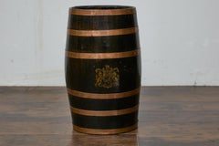 English Wooden Barrel, Copper Braces, Royal Coat of Arms Transfer, Circa 1900