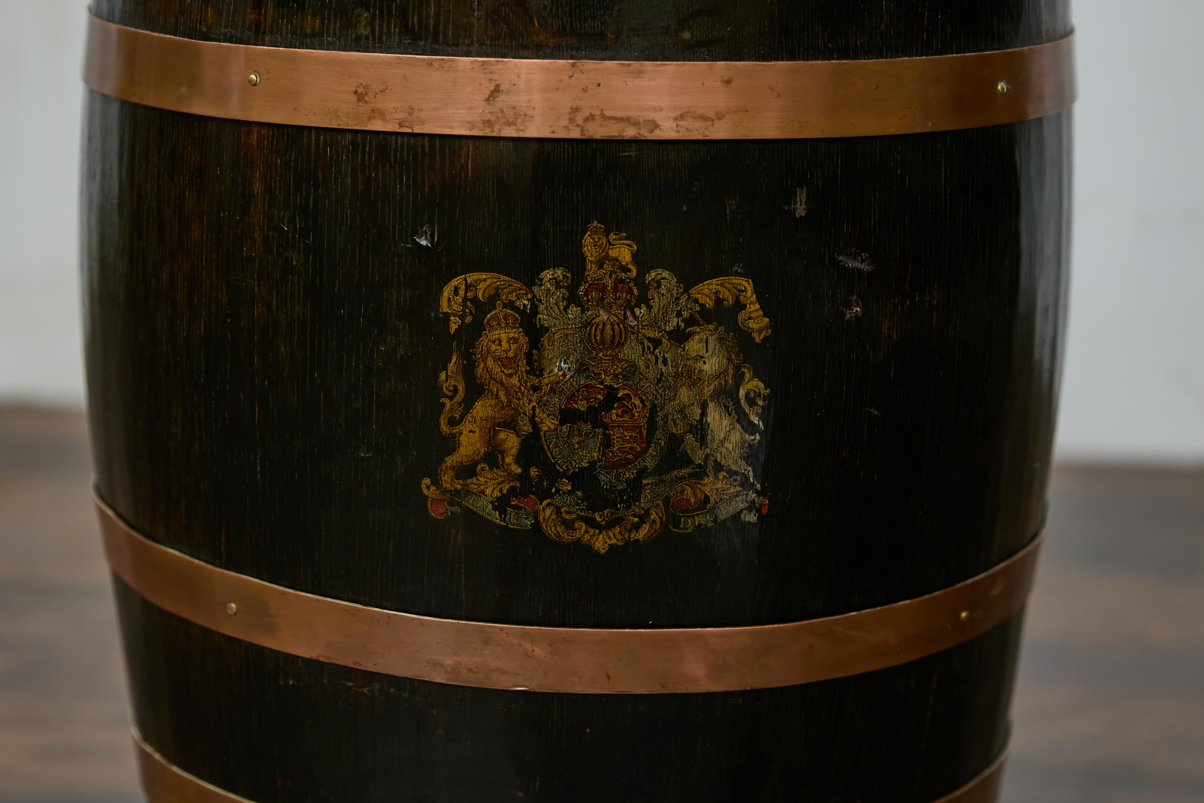 Painted English Wooden Barrel, Copper Braces, Royal Coat of Arms Transfer, Circa 1900 For Sale