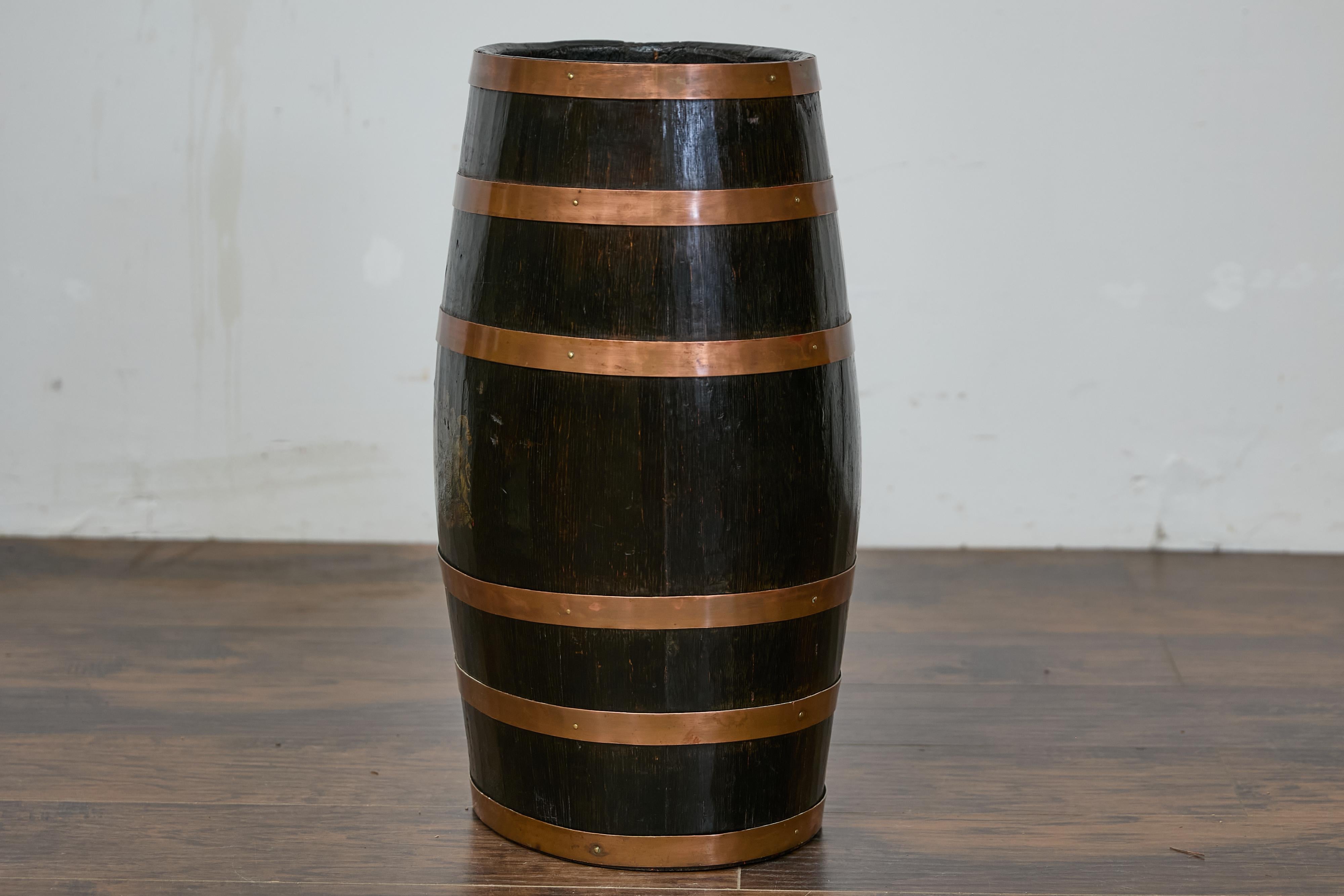 20th Century English Wooden Barrel, Copper Braces, Royal Coat of Arms Transfer, Circa 1900 For Sale