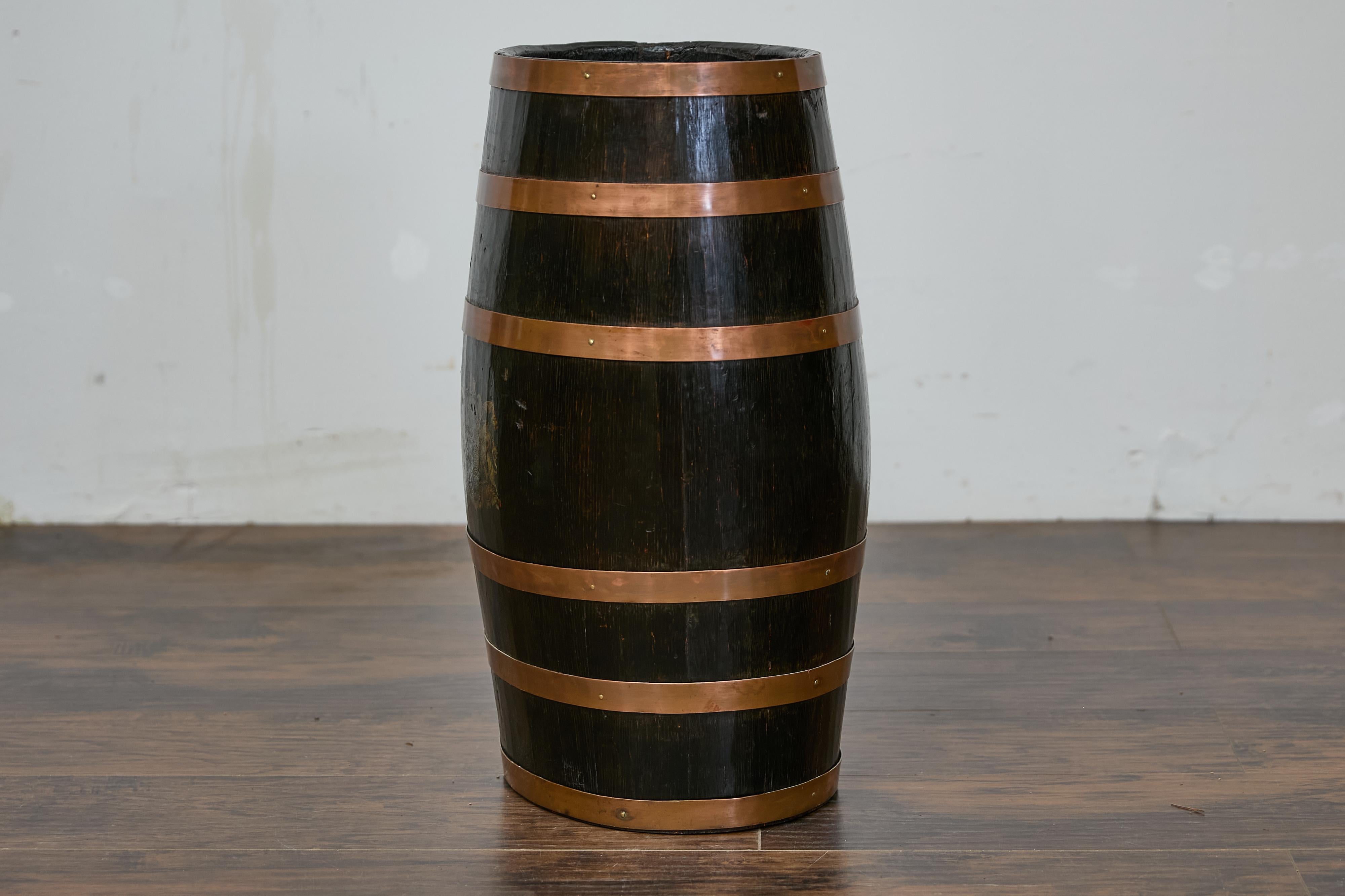 English Wooden Barrel, Copper Braces, Royal Coat of Arms Transfer, Circa 1900 For Sale 1