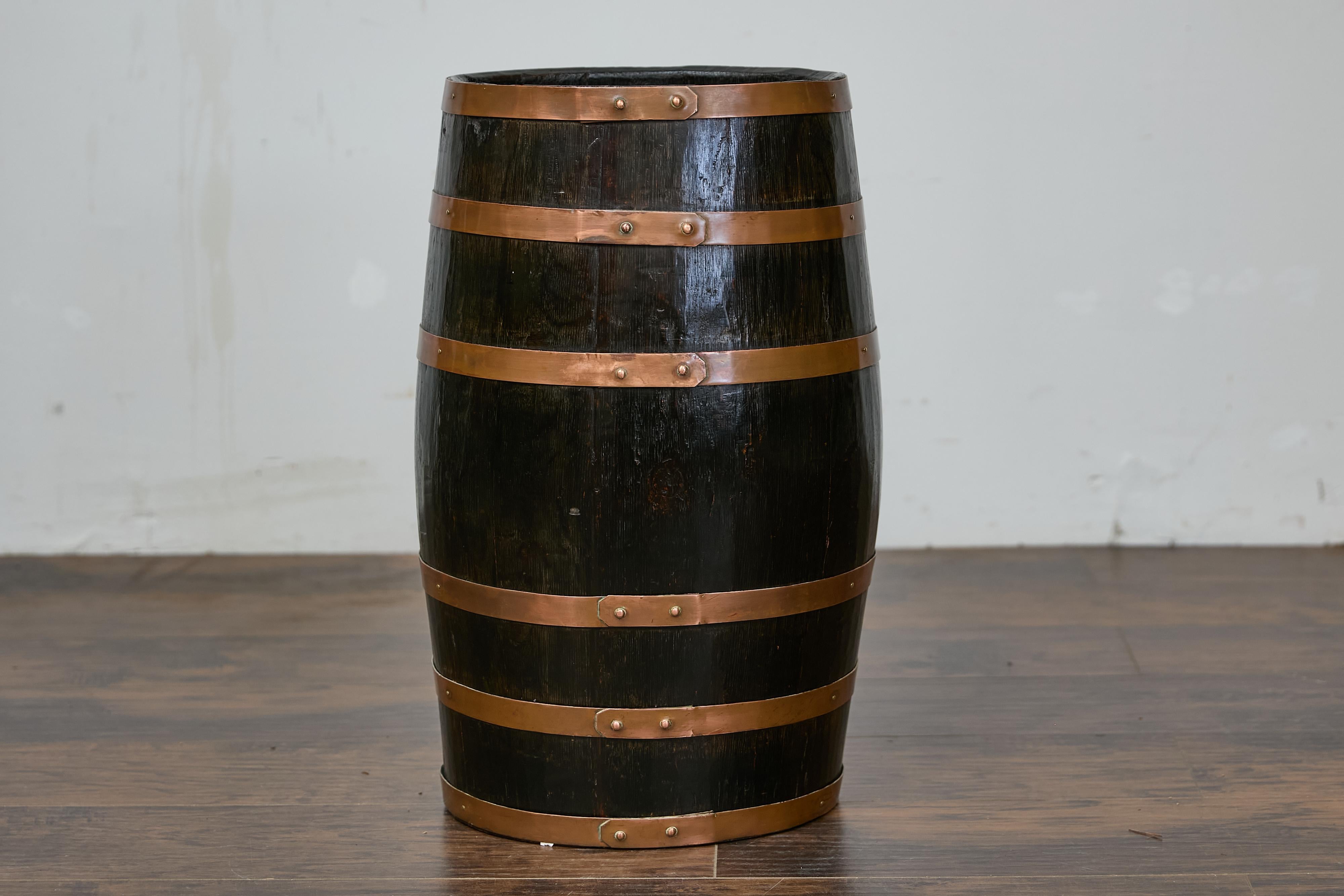 English Wooden Barrel, Copper Braces, Royal Coat of Arms Transfer, Circa 1900 For Sale 2