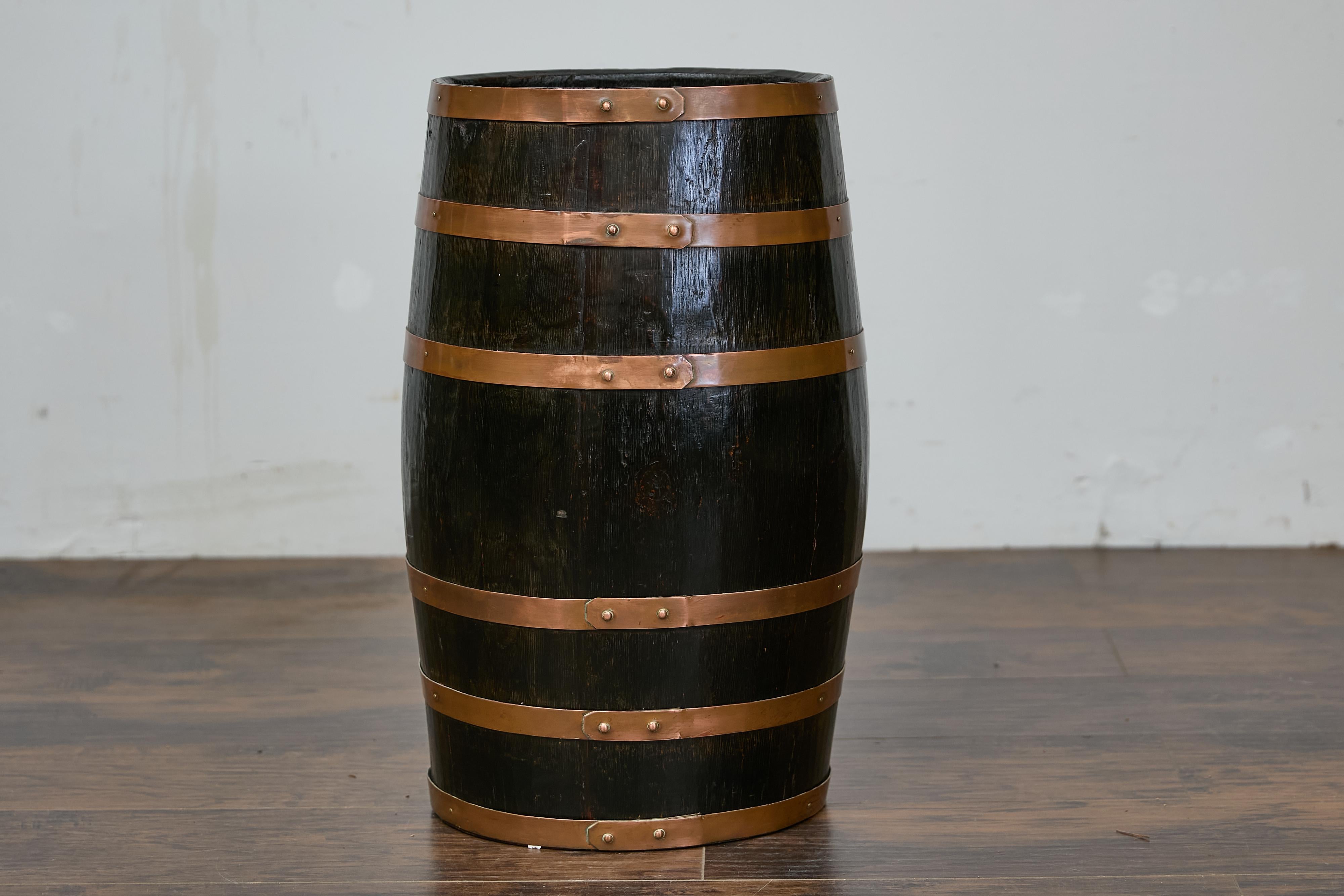 English Wooden Barrel, Copper Braces, Royal Coat of Arms Transfer, Circa 1900 For Sale 3
