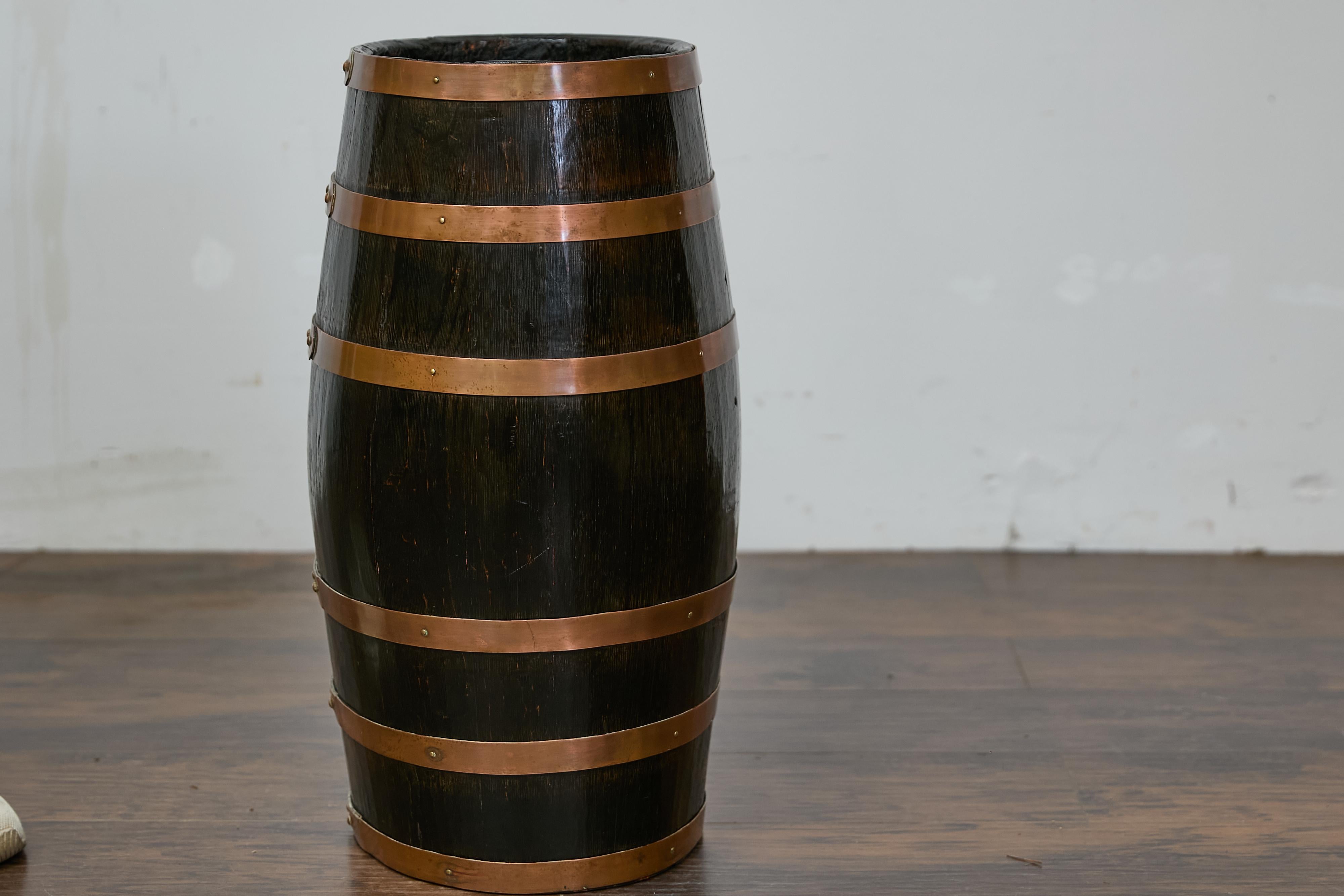 English Wooden Barrel, Copper Braces, Royal Coat of Arms Transfer, Circa 1900 For Sale 4