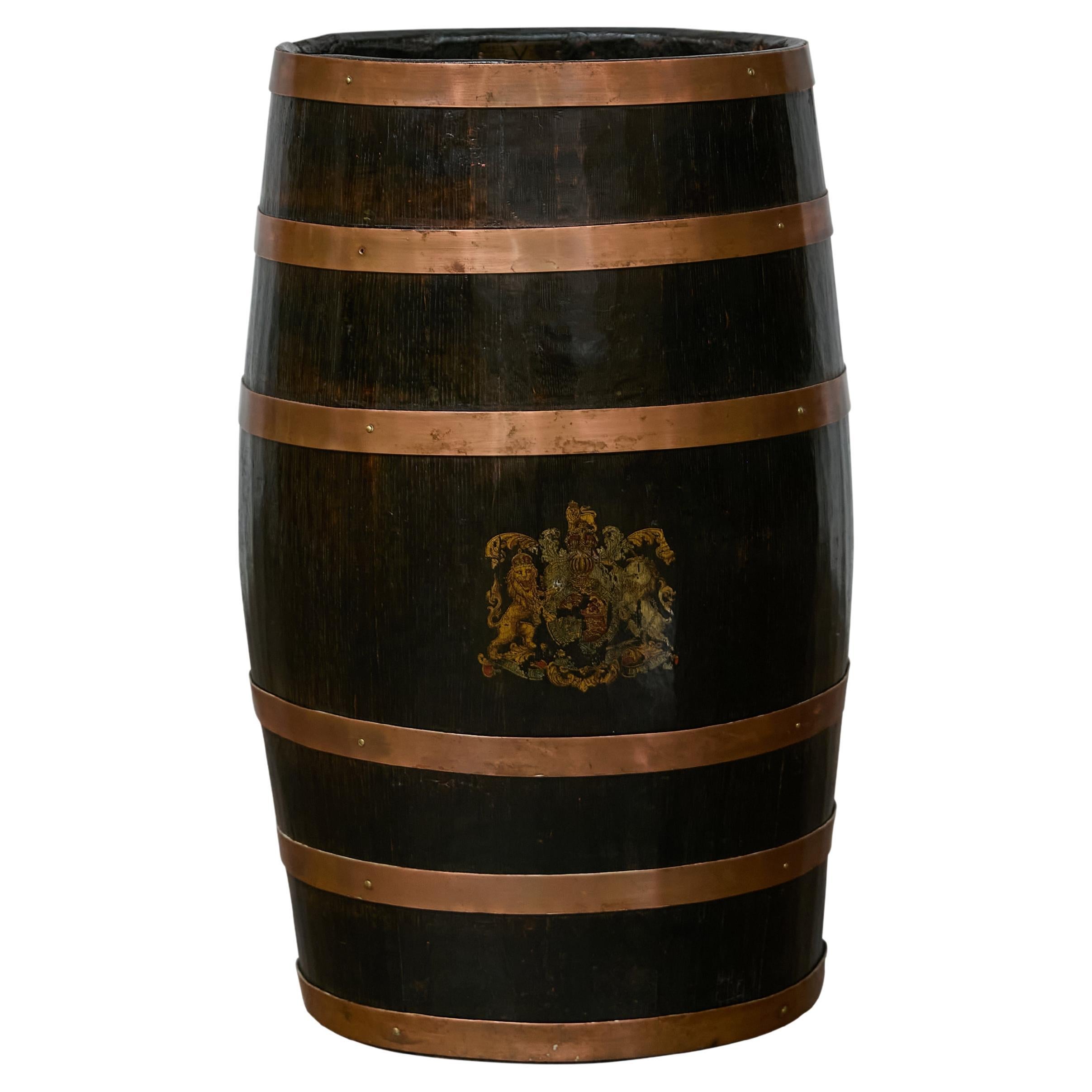 English Wooden Barrel, Copper Braces, Royal Coat of Arms Transfer, Circa 1900