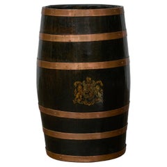 English Wooden Barrel, Copper Braces, Royal Coat of Arms Transfer, Circa 1900