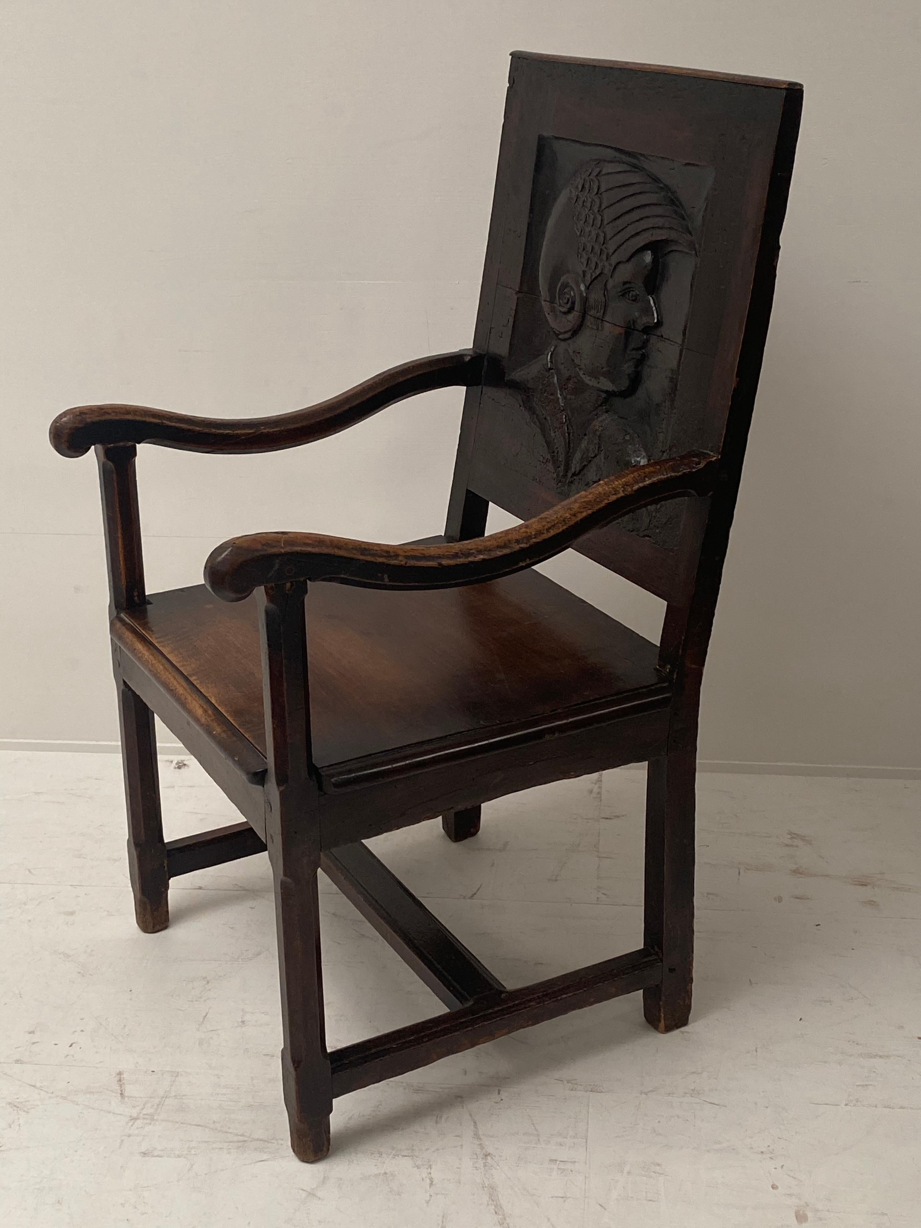 British Antique English Wooden Folk Art  Chair with carved back, 17th Century For Sale